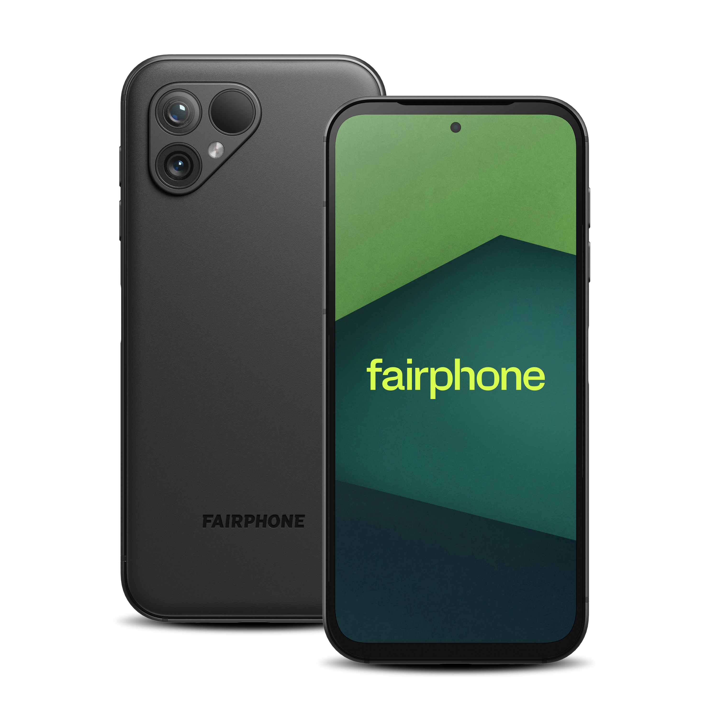 Zwei schwarze Fairphone-Smartphones, eines zeigt den Bildschirm. Das Telefon auf weißem Grund.