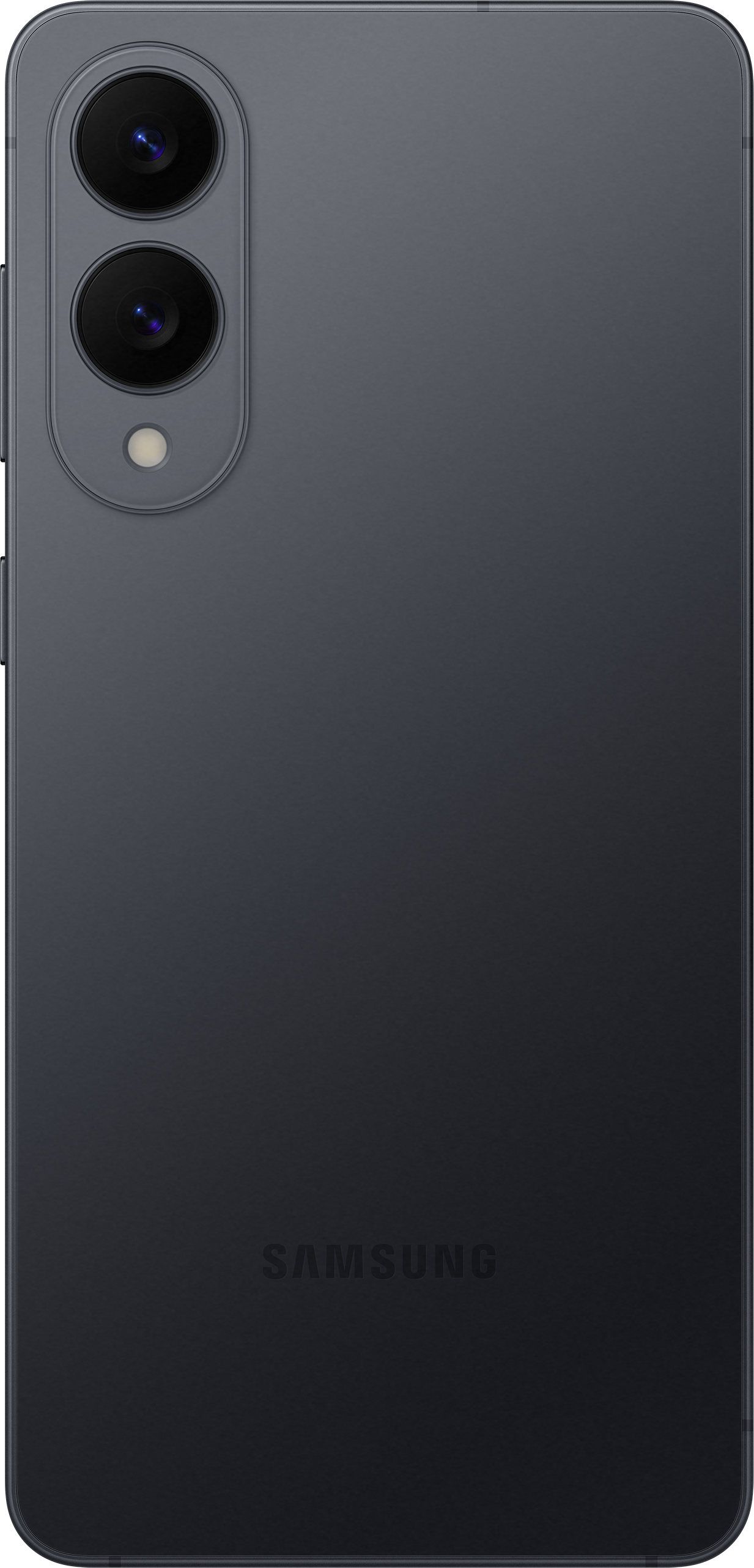 Dunkelgraues Telefon hinten mit drei Kameralinsen. SAMSUNG-Logo sichtbar.