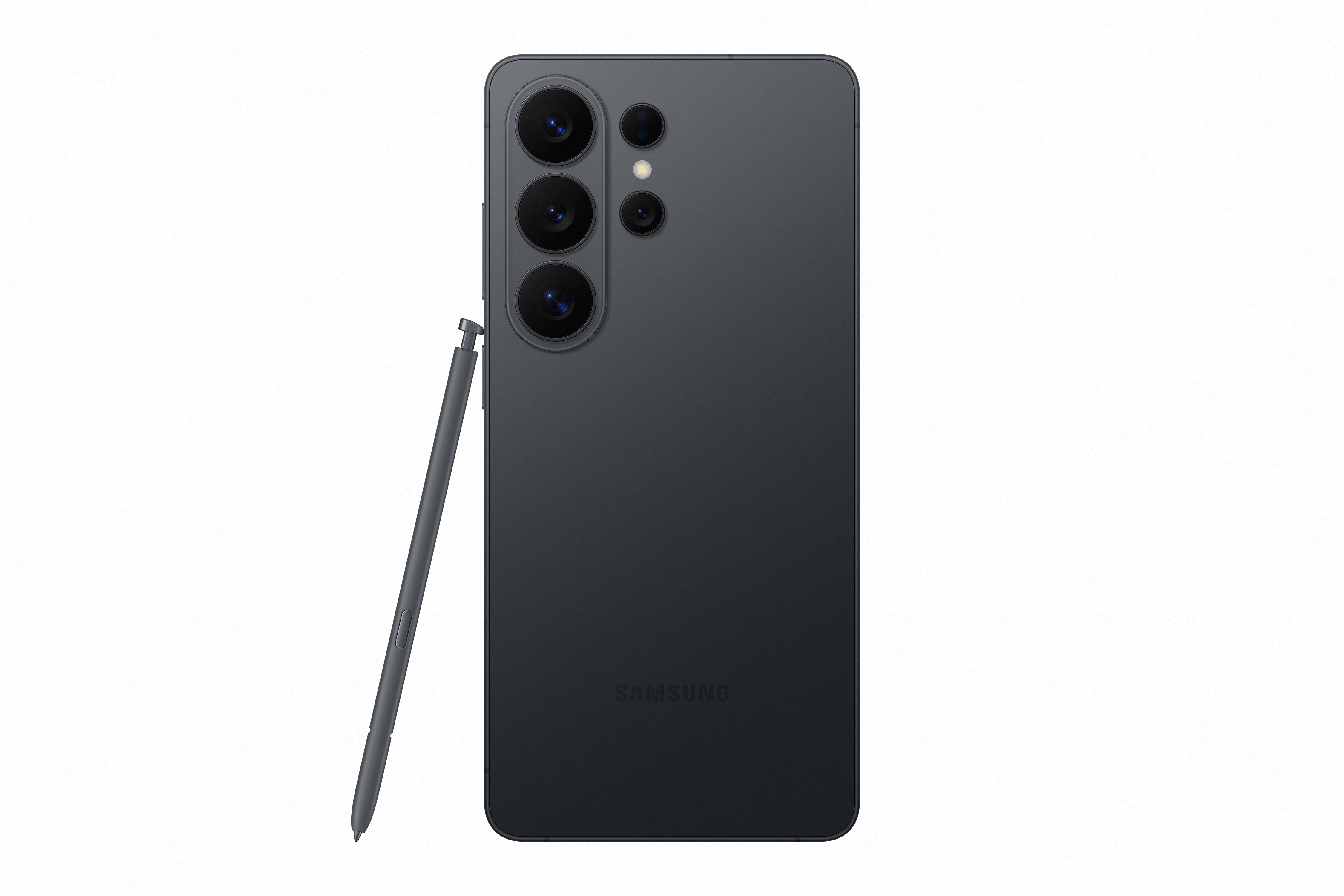 Dunkelgraues Samsung Smartphone mit S-Pen und vier Kameralinsen auf der Rückseite.