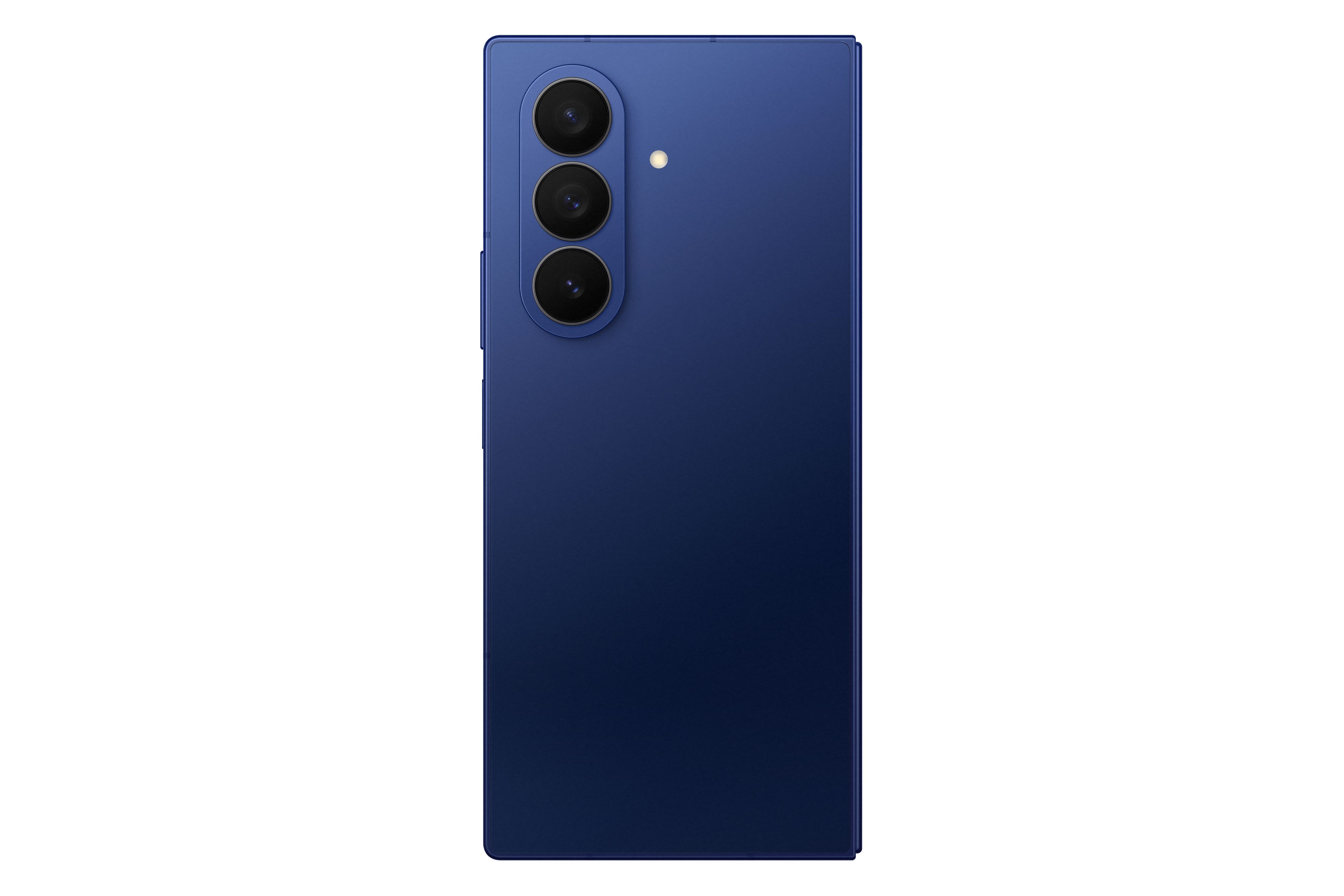 Rückseite eines blauen Smartphones. Drei Kameralinsen und ein Blitz sind sichtbar. Der Hintergrund ist schwarz.