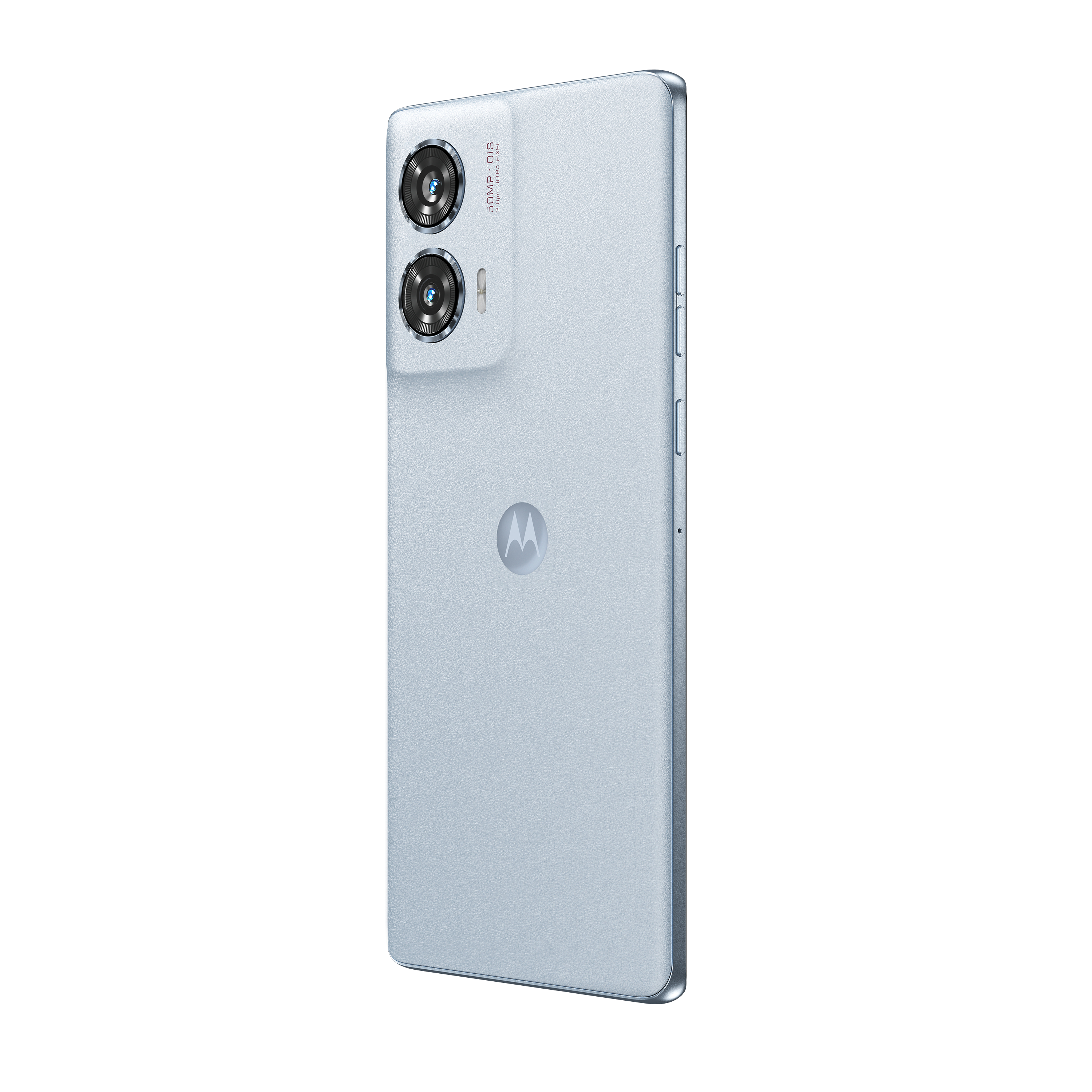 Hellblaues Smartphone, Rückansicht. Dual-Objektiv-Kamera, Motorola-Logo und Seitentasten sichtbar.