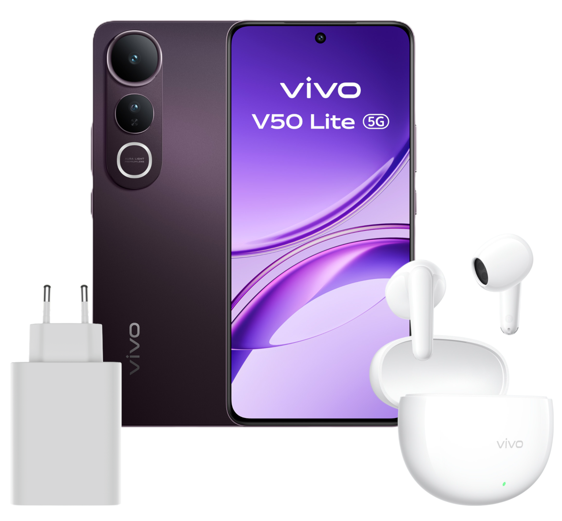 Ein Vivo V50 Lite 5G-Telefon, ein Ladegerät und weiße Ohrhörer. Das Telefon ist lila mit einer Dreifachkamera.