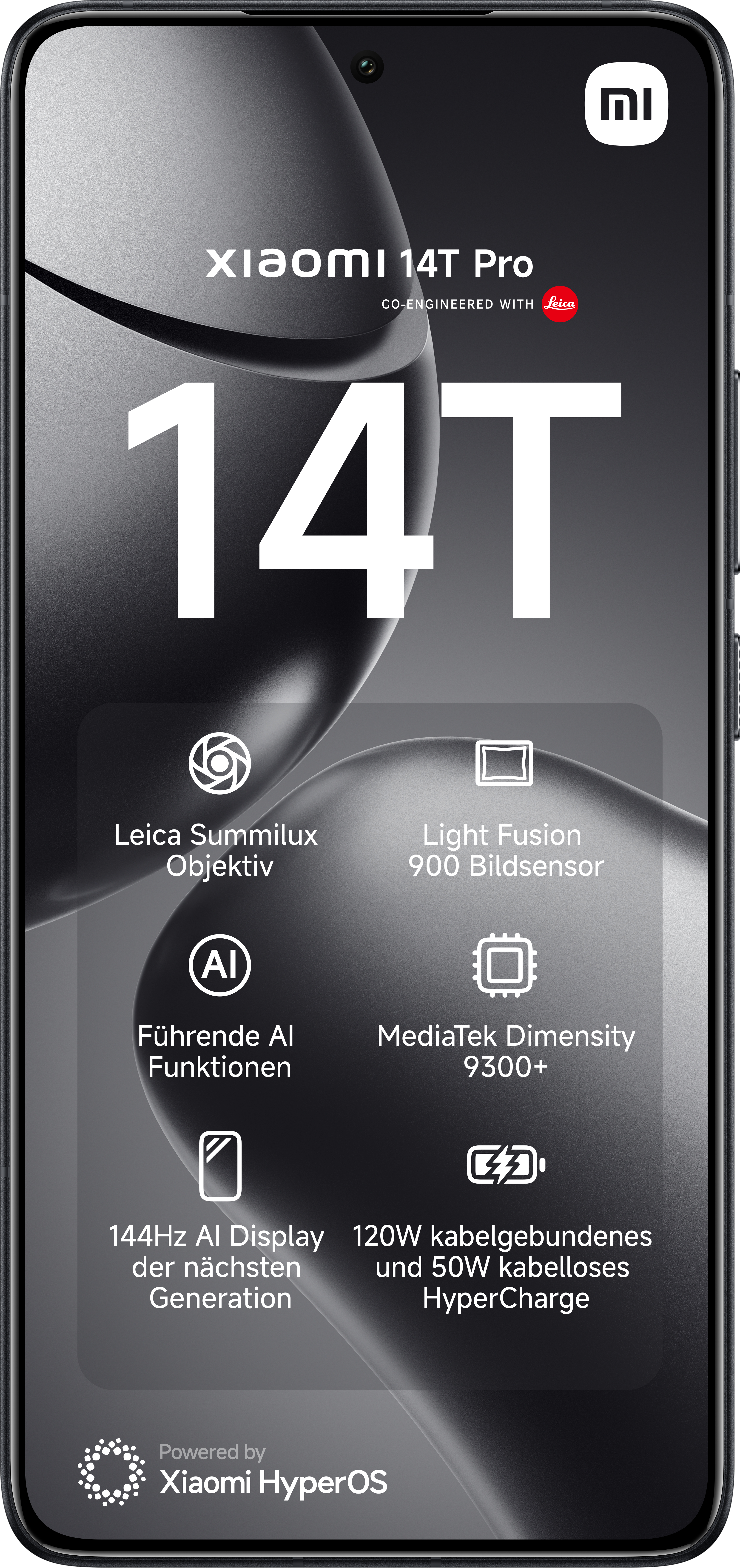 Ein schwarzes Smartphone mit Details zu seinen Funktionen. Es zeigt das Design und die Spezifikationen des Telefons.