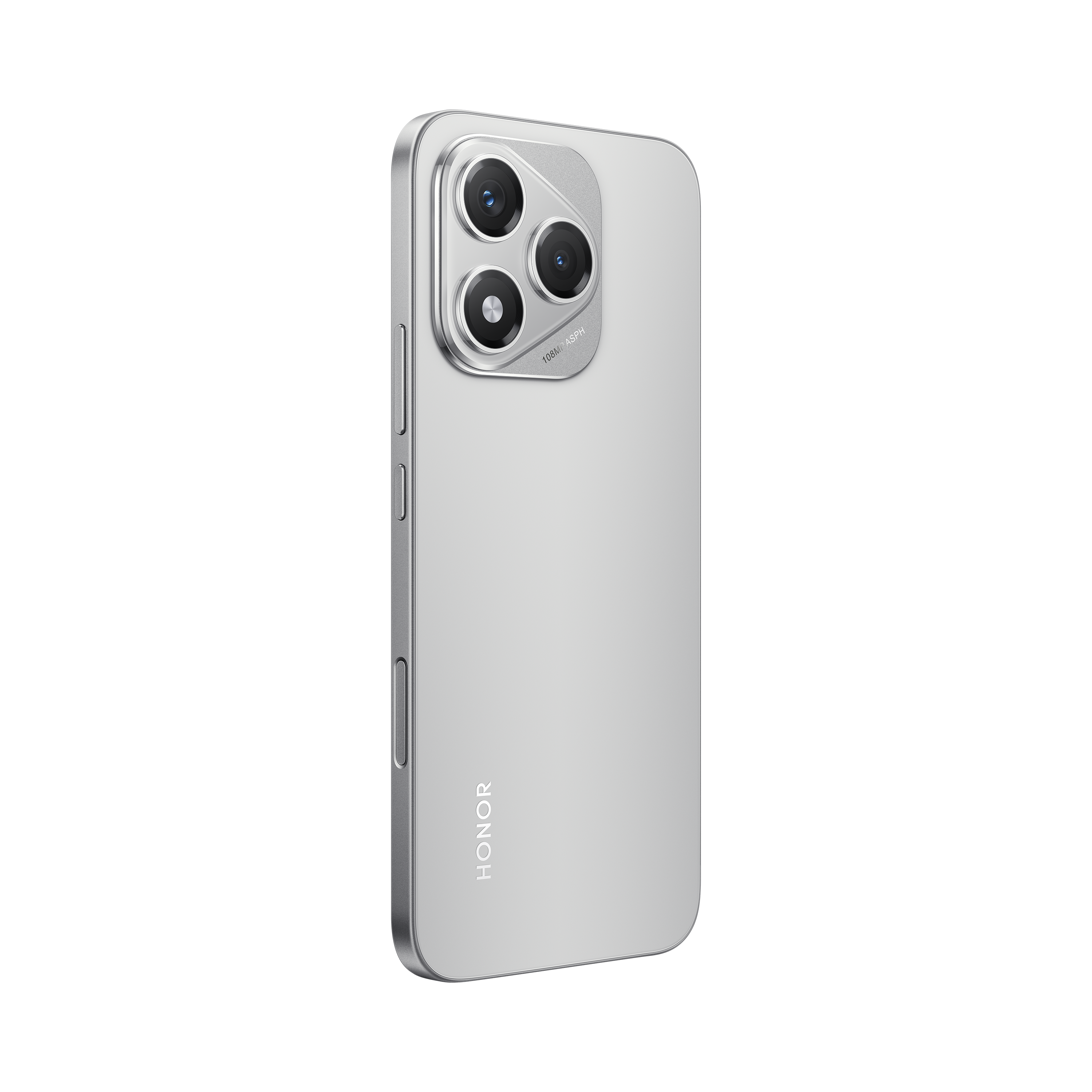 Silbernes Telefon mit drei Kameras. Die Rückseite des Telefons ist sichtbar.