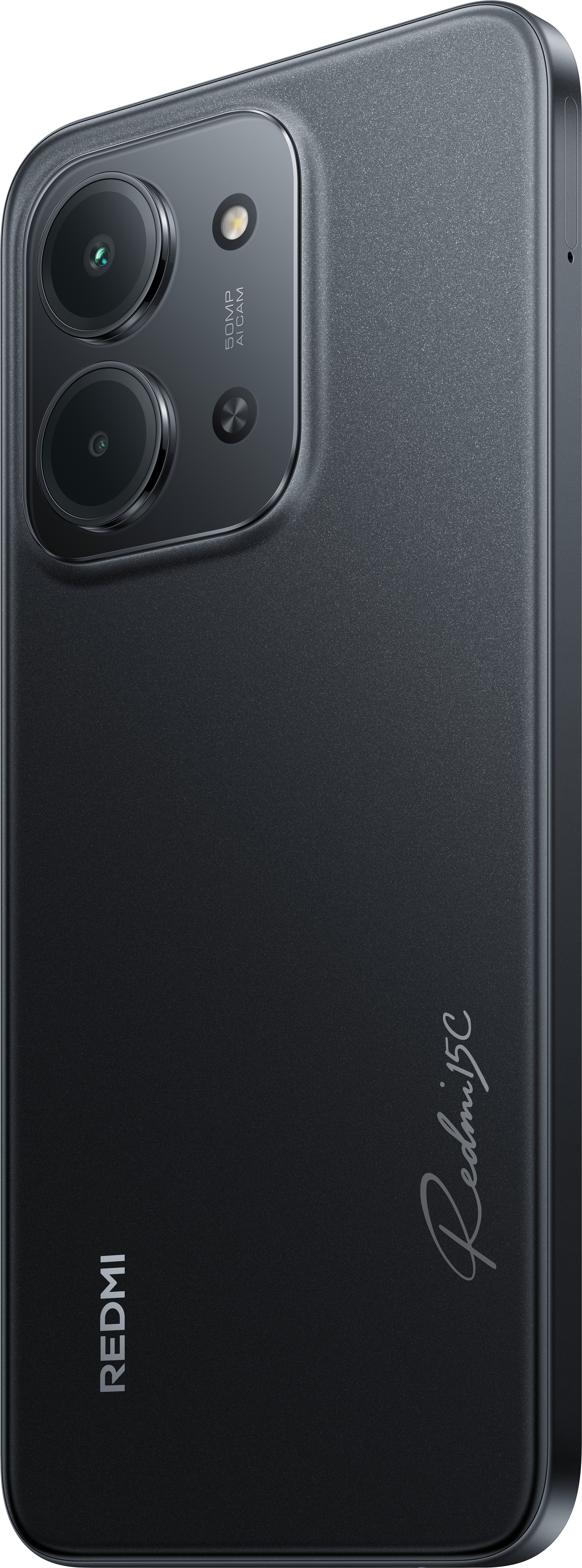 Nahaufnahme eines schwarzen Smartphones. Es hat ein Kameramodul mit zwei Linsen und das Redmi 15C Logo.
