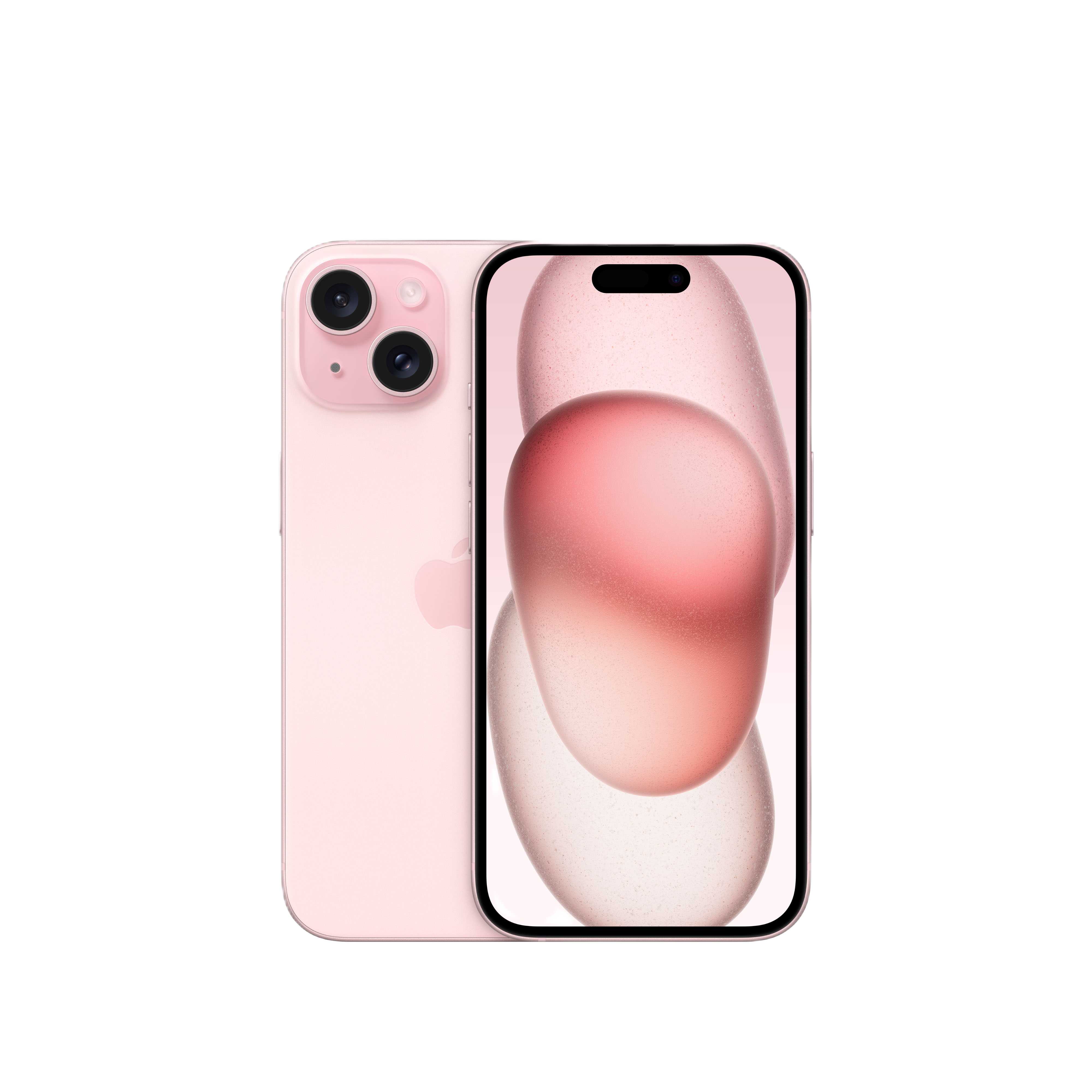 Rosafarbene iPhones auf schwarzem Hintergrund. Ein Telefon zeigt die Rückseite mit Kameras. Das andere ist die Vorderseite.