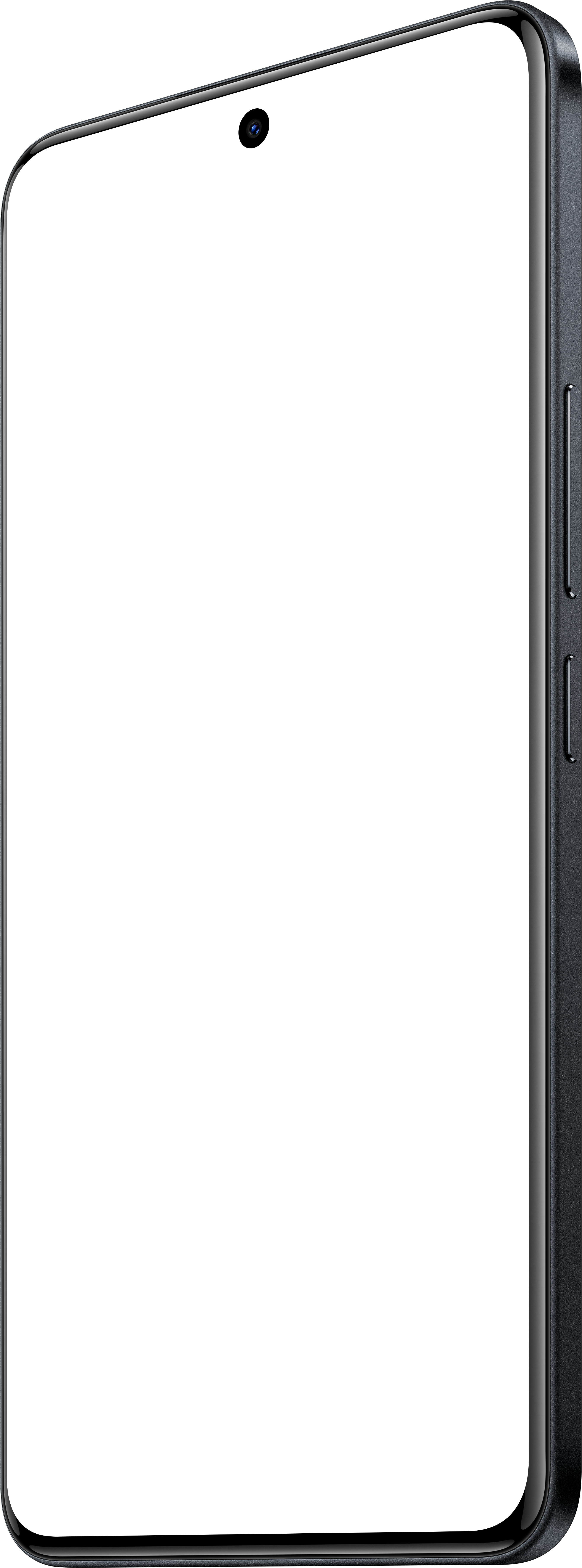 Nahaufnahme eines schwarzen Smartphones, mit schwarzem Bildschirm, Frontkamera und Lautstärketasten.