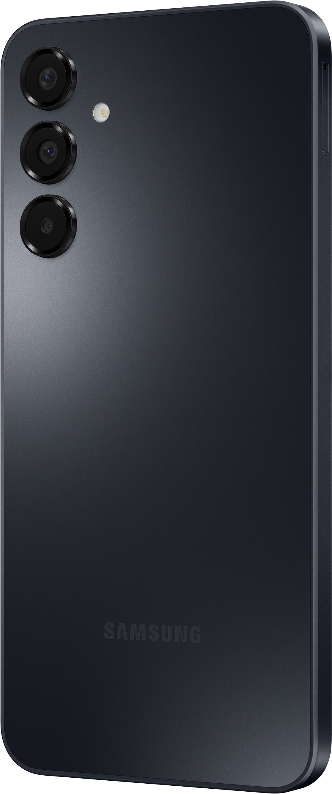 Die Rückseite eines dunkelgrauen Samsung-Telefons mit 3 Kameras und dem Samsung-Logo. Der Hintergrund ist unscharf.