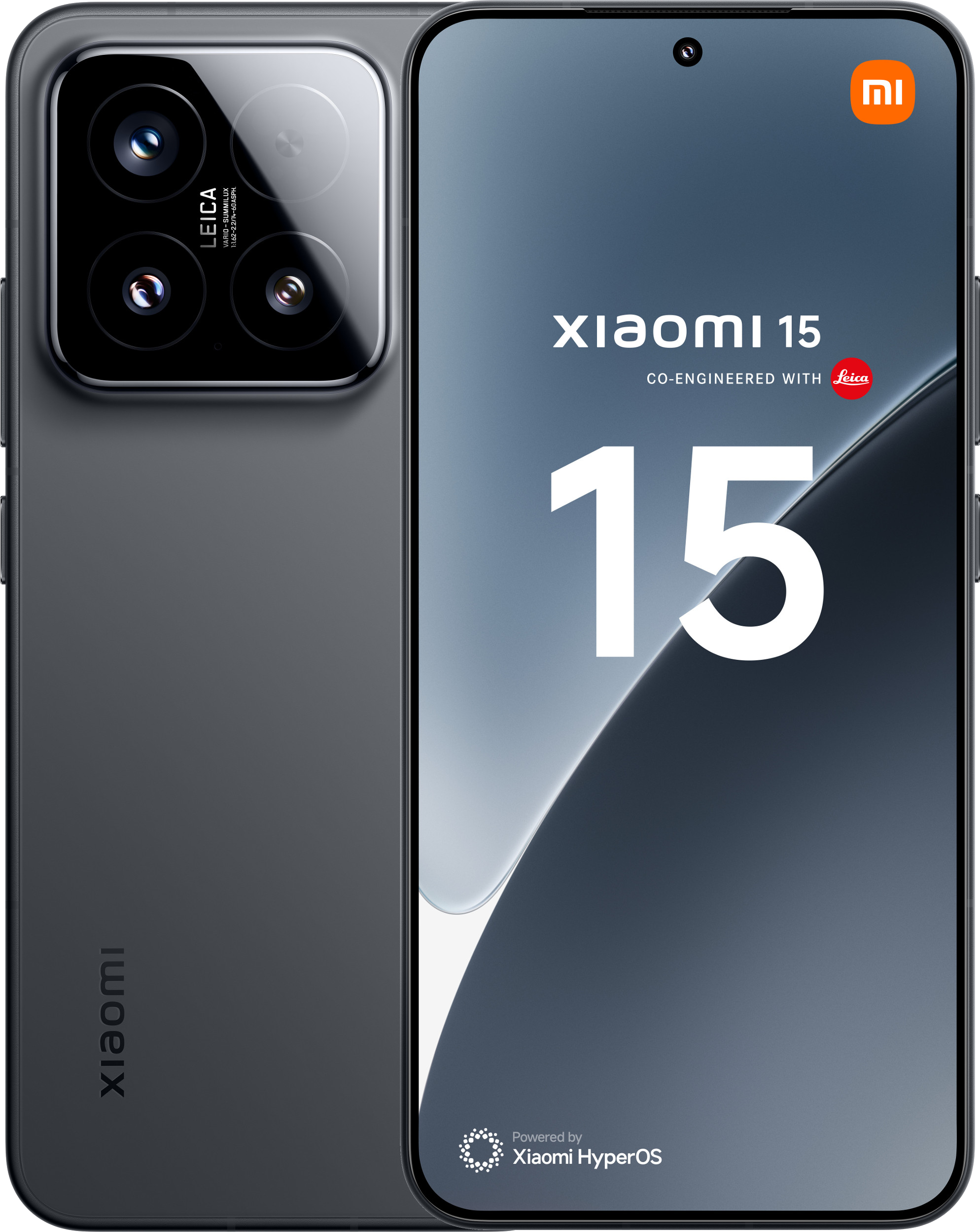 Dunkelgraues Xiaomi 15 Telefon. Rückseite zeigt Leica-Kamera, Vorderseite zeigt den Markennamen und '15'.
