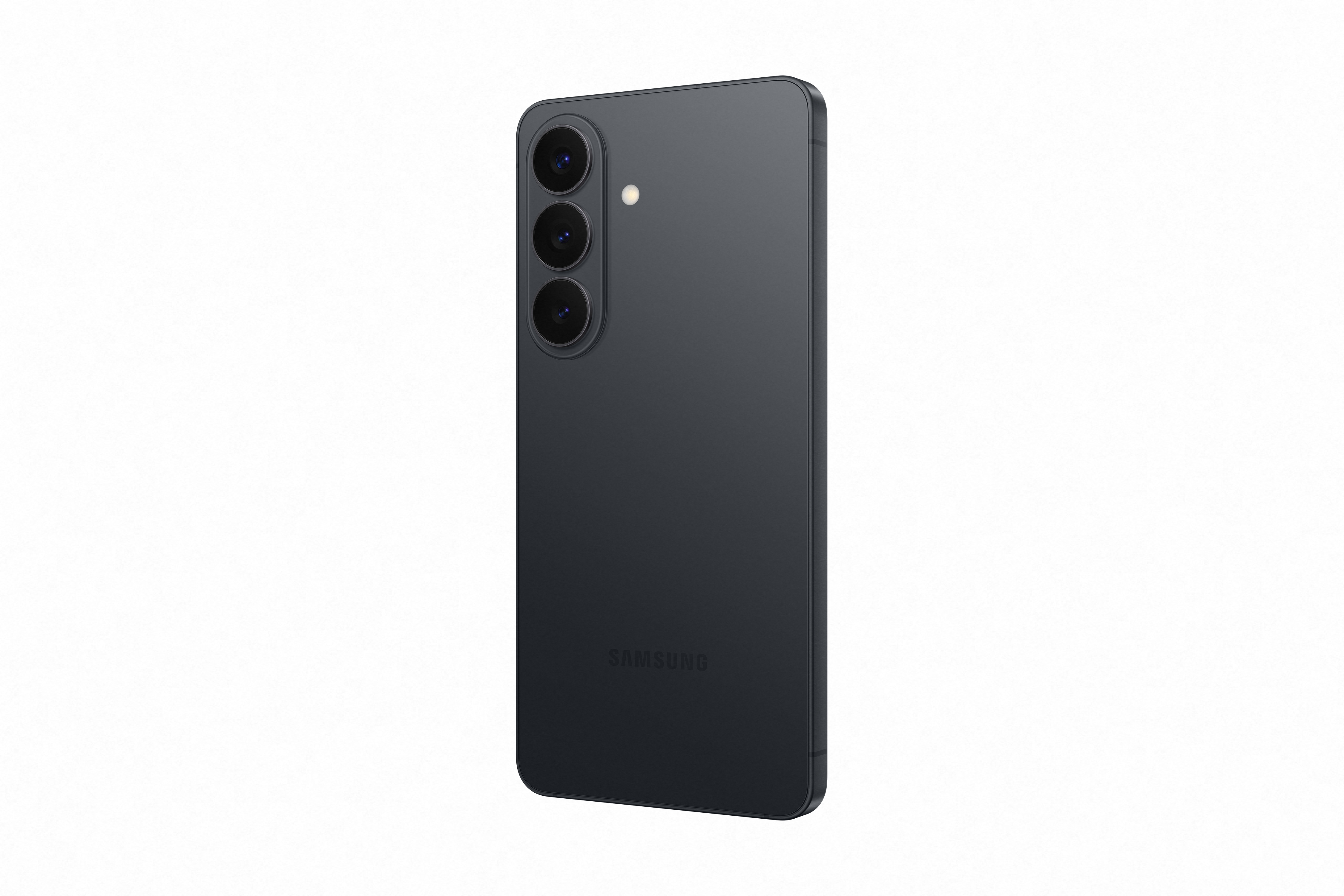 Dunkelgraues Samsung Smartphone mit drei Kameras und Blitz auf weißem Hintergrund.