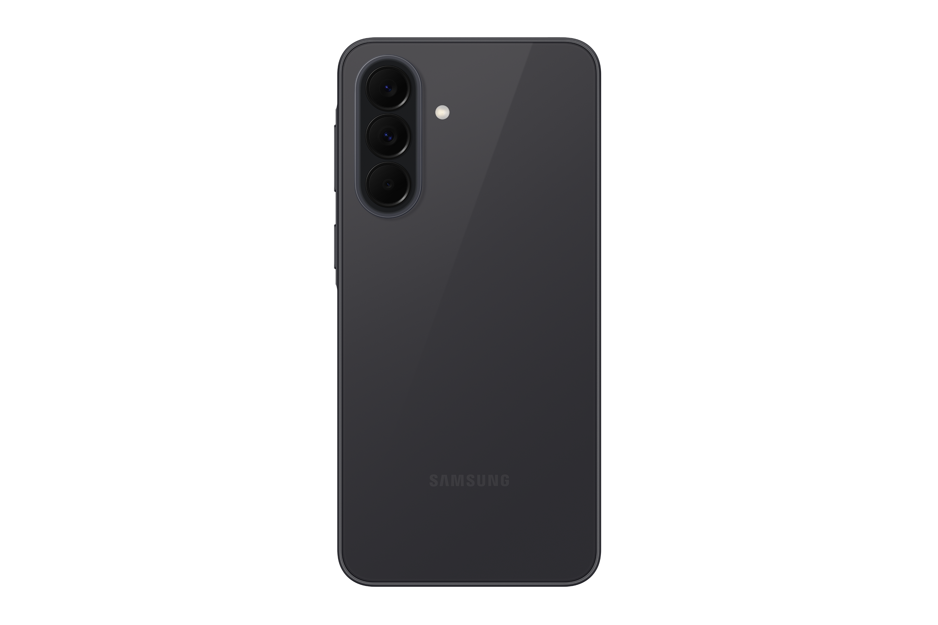 Rückseite eines dunklen Samsung Smartphones mit drei Kameras und Blitz.