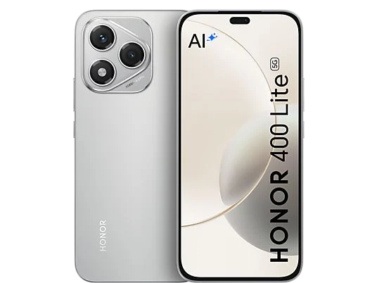 Ein silbernes HONOR 400 Lite 5G Smartphone. Es hat eine Dreifach-Kamera, einen Frontbildschirm und die Marke HONOR ist sichtbar.