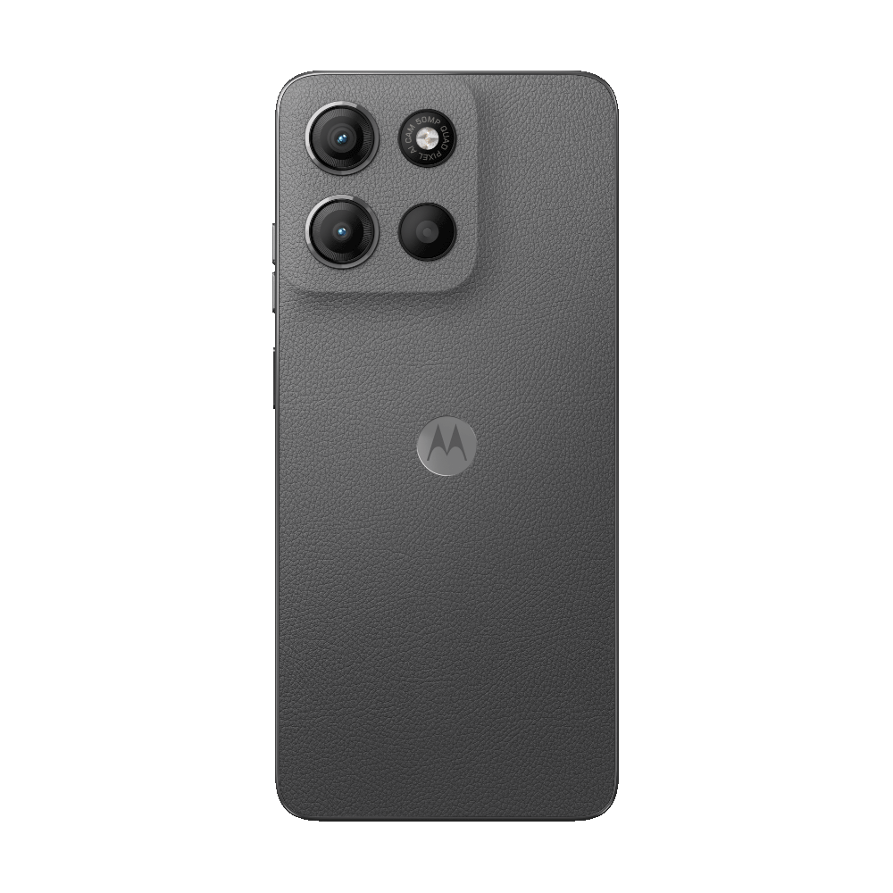 Ein graues Smartphone mit drei Rückkameras und einem Motorola-Logo auf schwarzem Hintergrund.