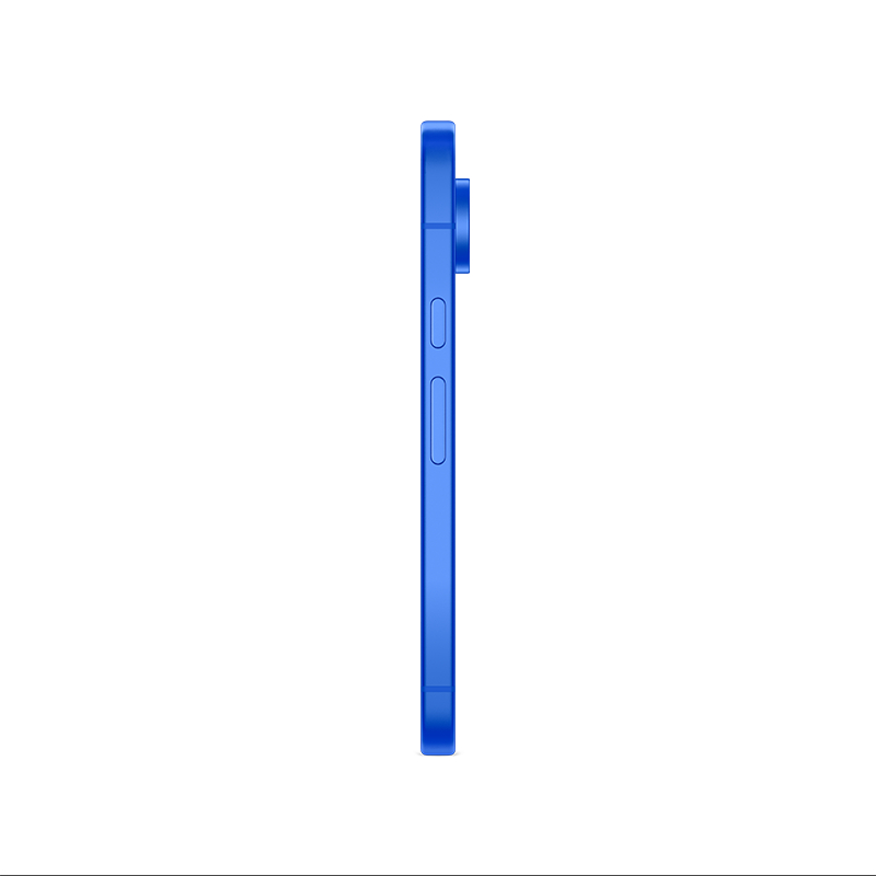 Seitenansicht eines blauen Smartphones, die Seitentasten und die Kameraausbuchtung zeigend. Vor weißem Hintergrund.