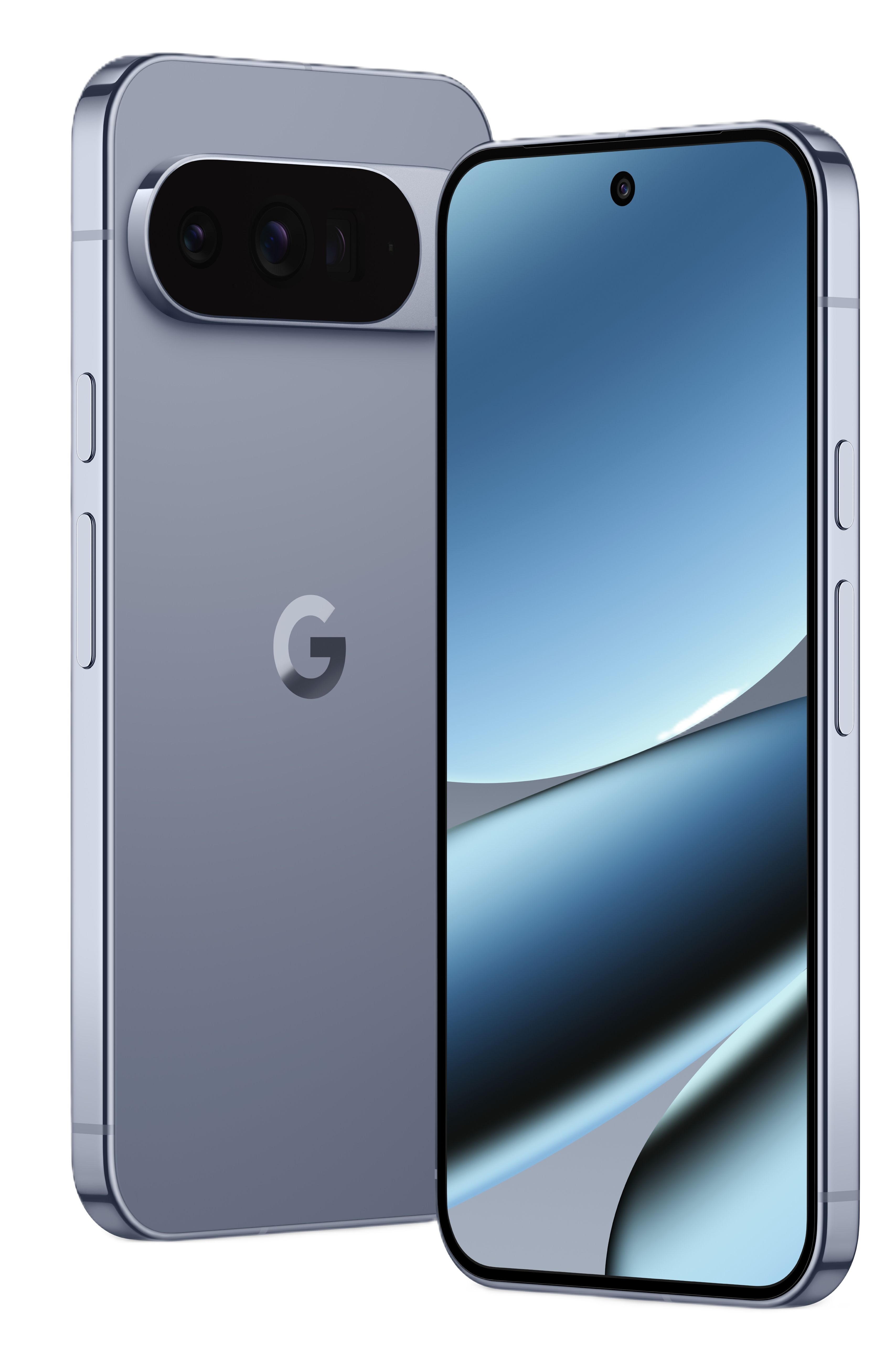 Zwei blaue Smartphones. Eines hat eine Kameraleiste auf der Rückseite und das Google-Logo. Das andere zeigt einen blauen Farbverlauf.
