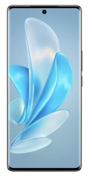 Ein Smartphone mit großem Bildschirm zeigt ein blau-weißes abstraktes Design. Das Telefon hat einen schwarzen Rahmen.