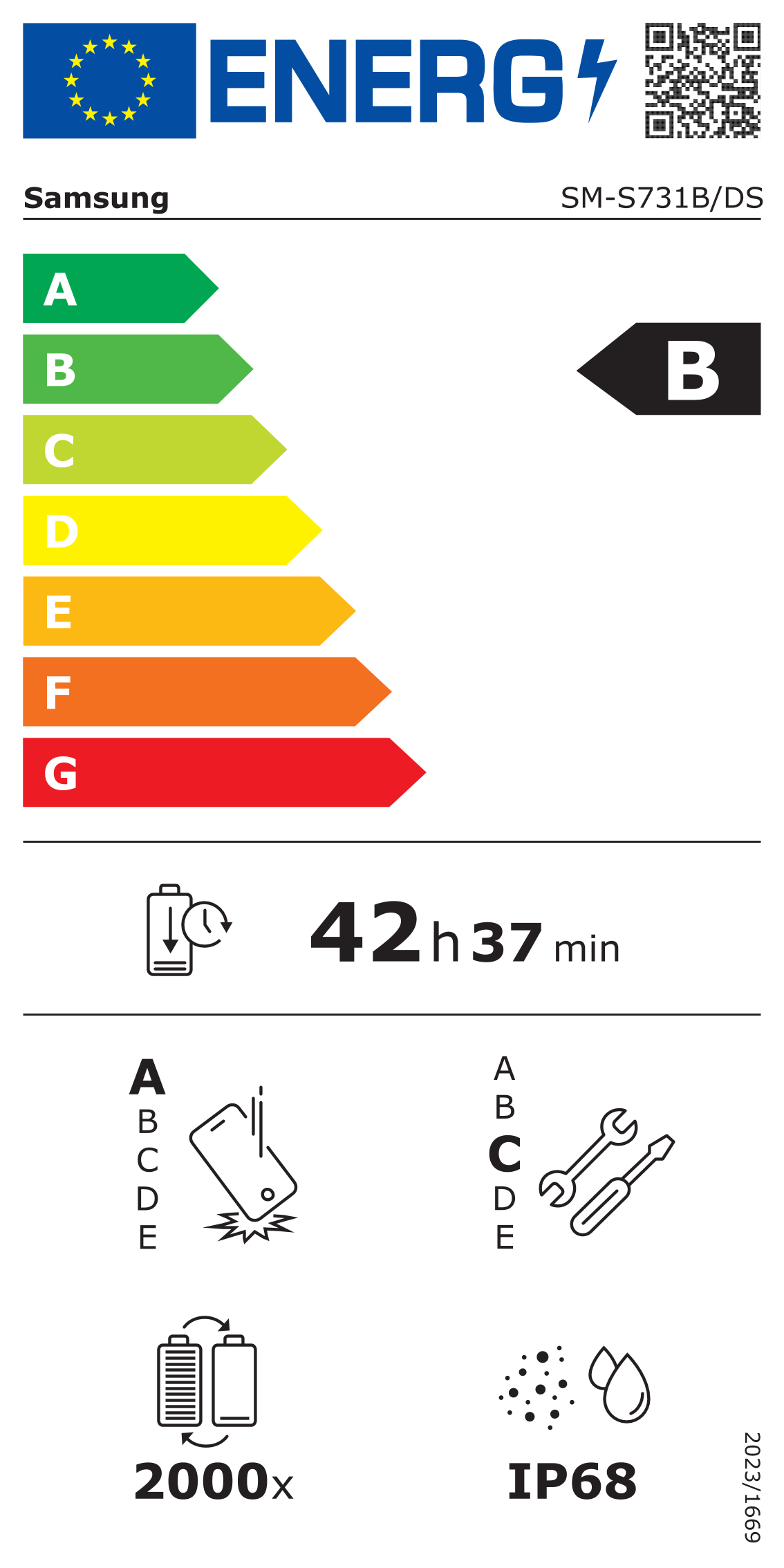 Energielabel für ein Samsung-Gerät. Zeigt Energieeffizienz, Akkulaufzeit und andere technische Daten an.