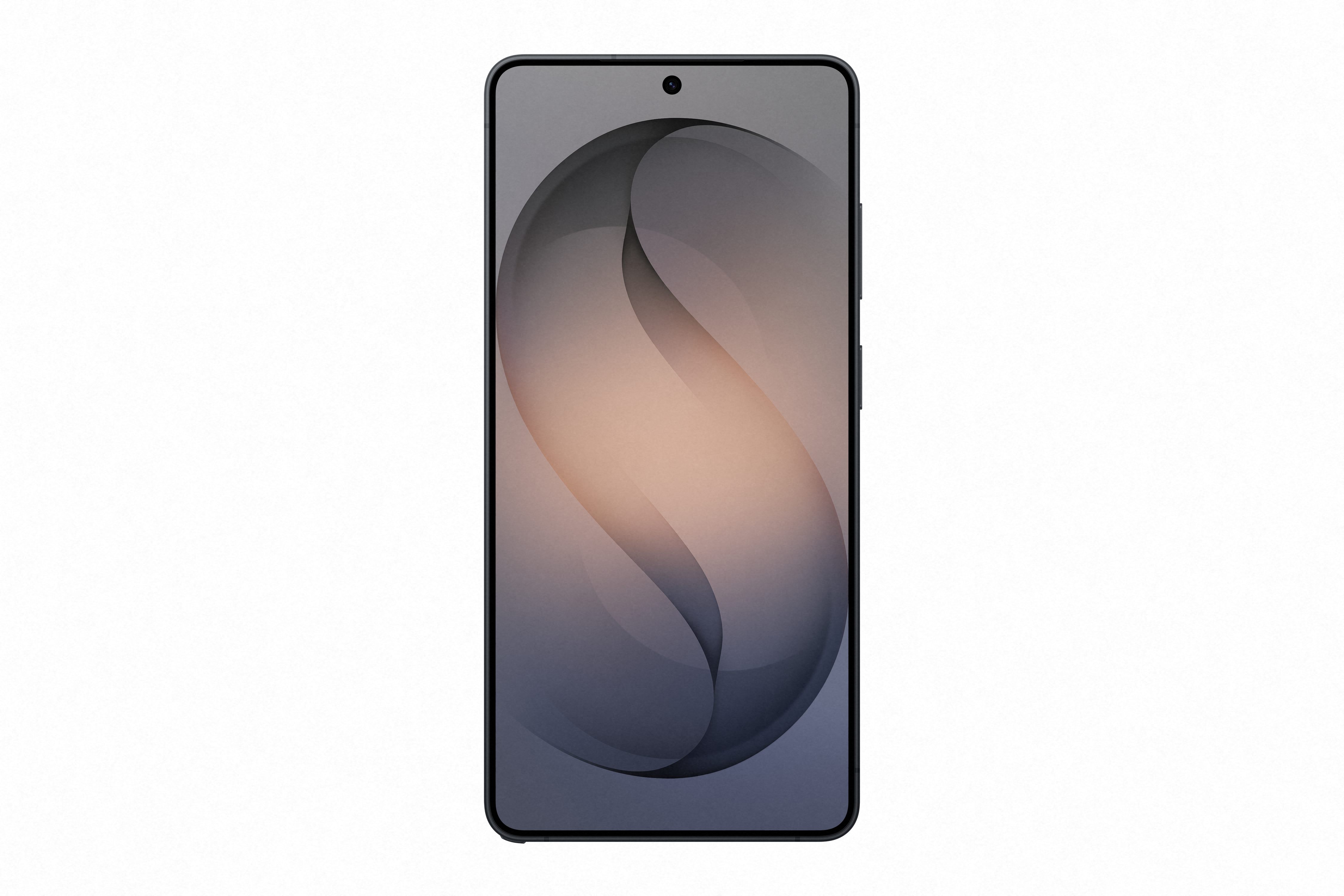 Ein schwarzes Smartphone mit einem abstrakten Wallpaper in Grau- und Pfirsichtönen.
