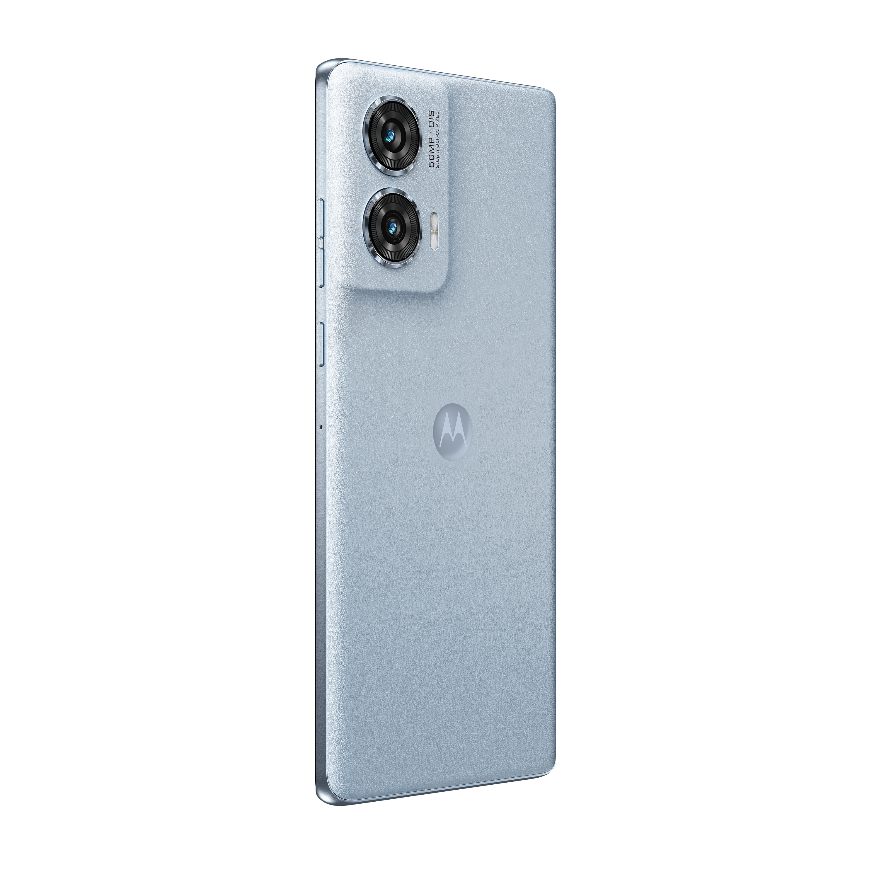Hellblaues Motorola-Telefon, zwei Rückkameras, vor weißem Hintergrund.