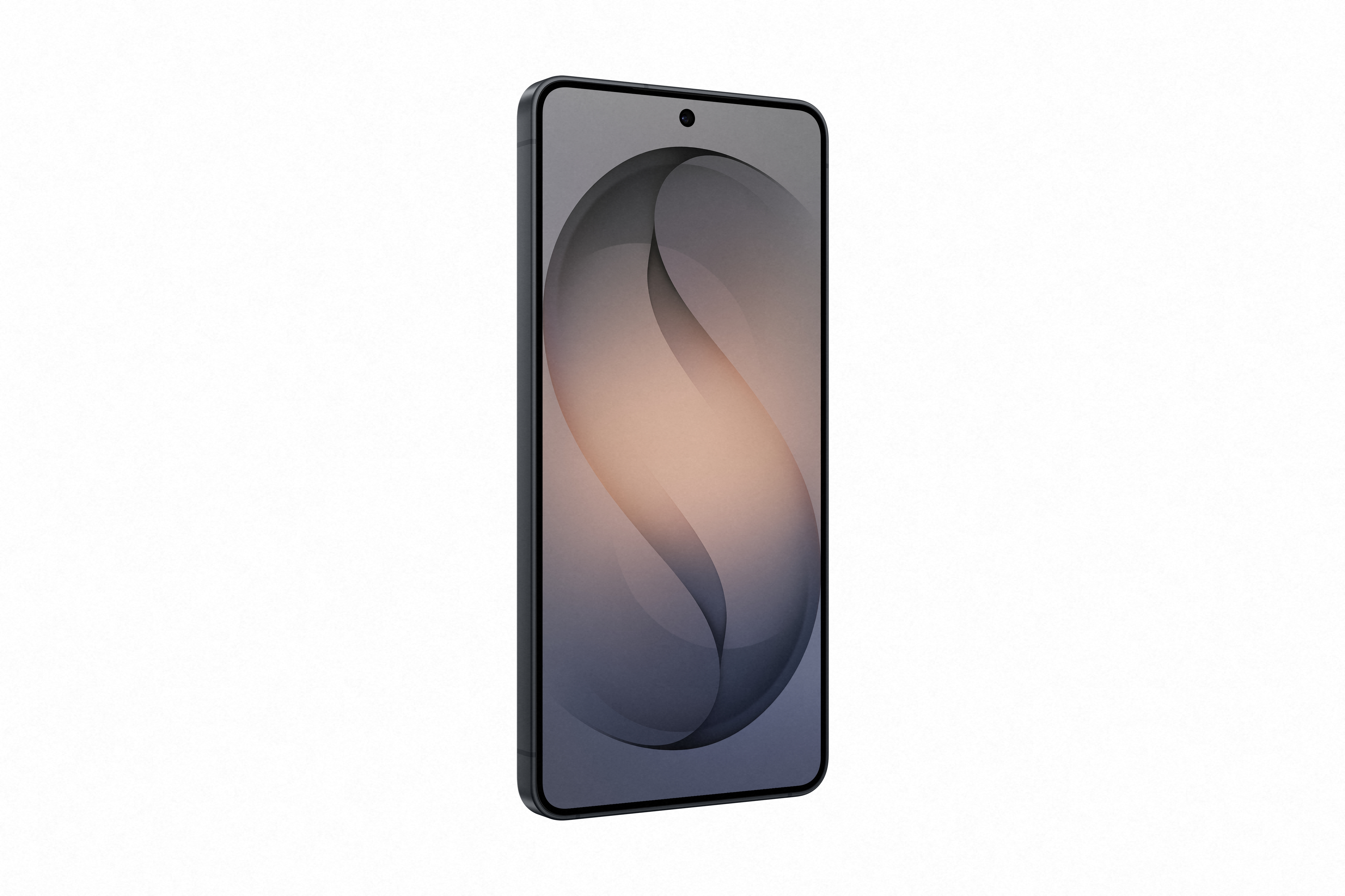 Dunkelgraues Smartphone mit kleinem Loch für die Kamera, auf weißem Hintergrund.