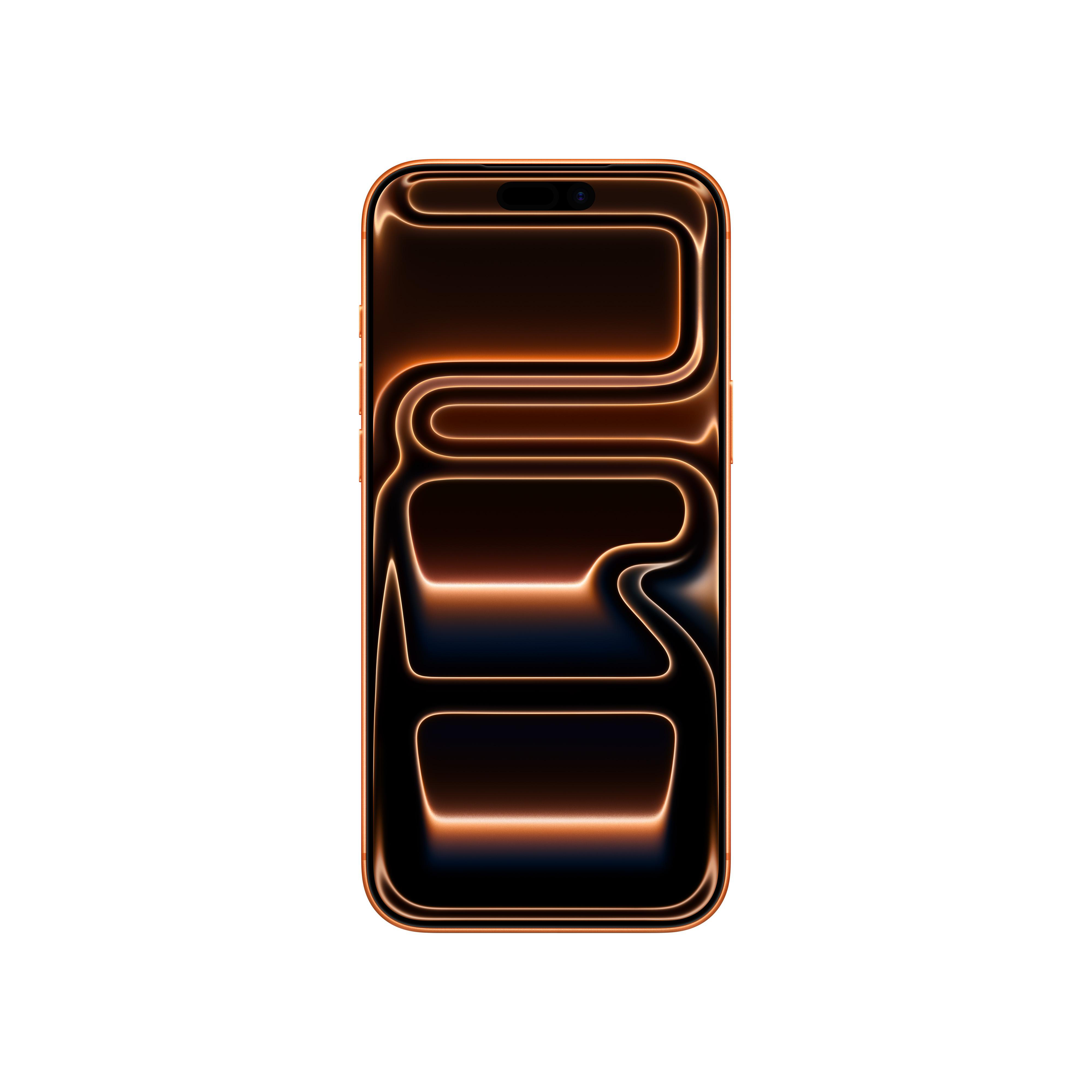 Smartphone-Design mit leuchtend orangefarbenen Linien auf dunklem Hintergrund, vor weißem Hintergrund.