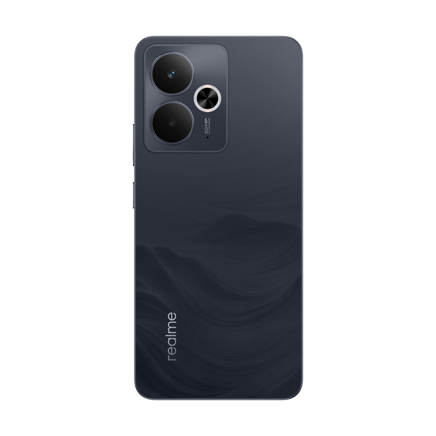 Dunkelblaue Realme-Telefonrückseite mit Dual-Kameras, Logo und geschwungenem Design auf weißem Hintergrund.