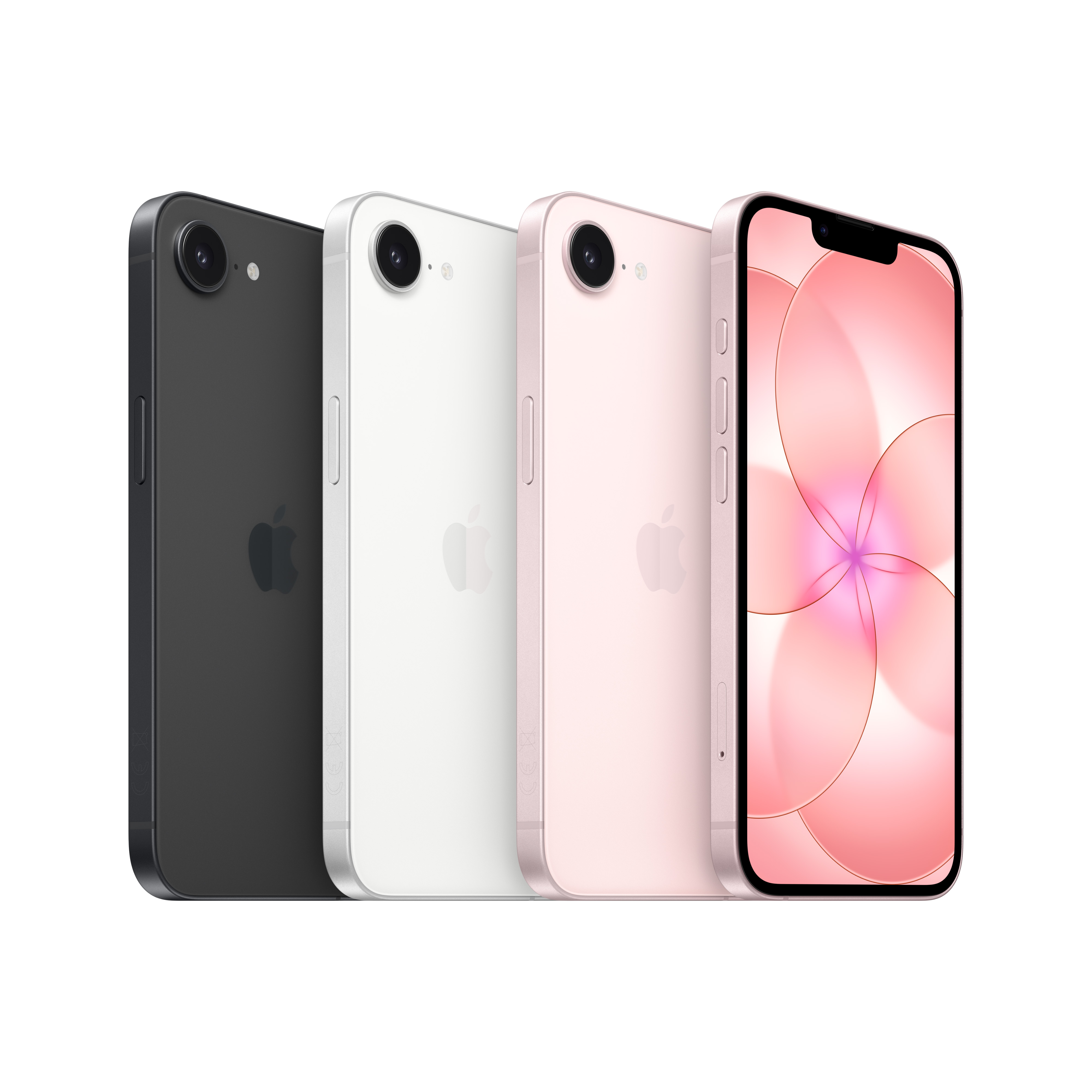 Drei iPhones in Schwarz, Weiß und Rosa stehen nebeneinander. Das vordere rosa iPhone zeigt einen Bildschirm.