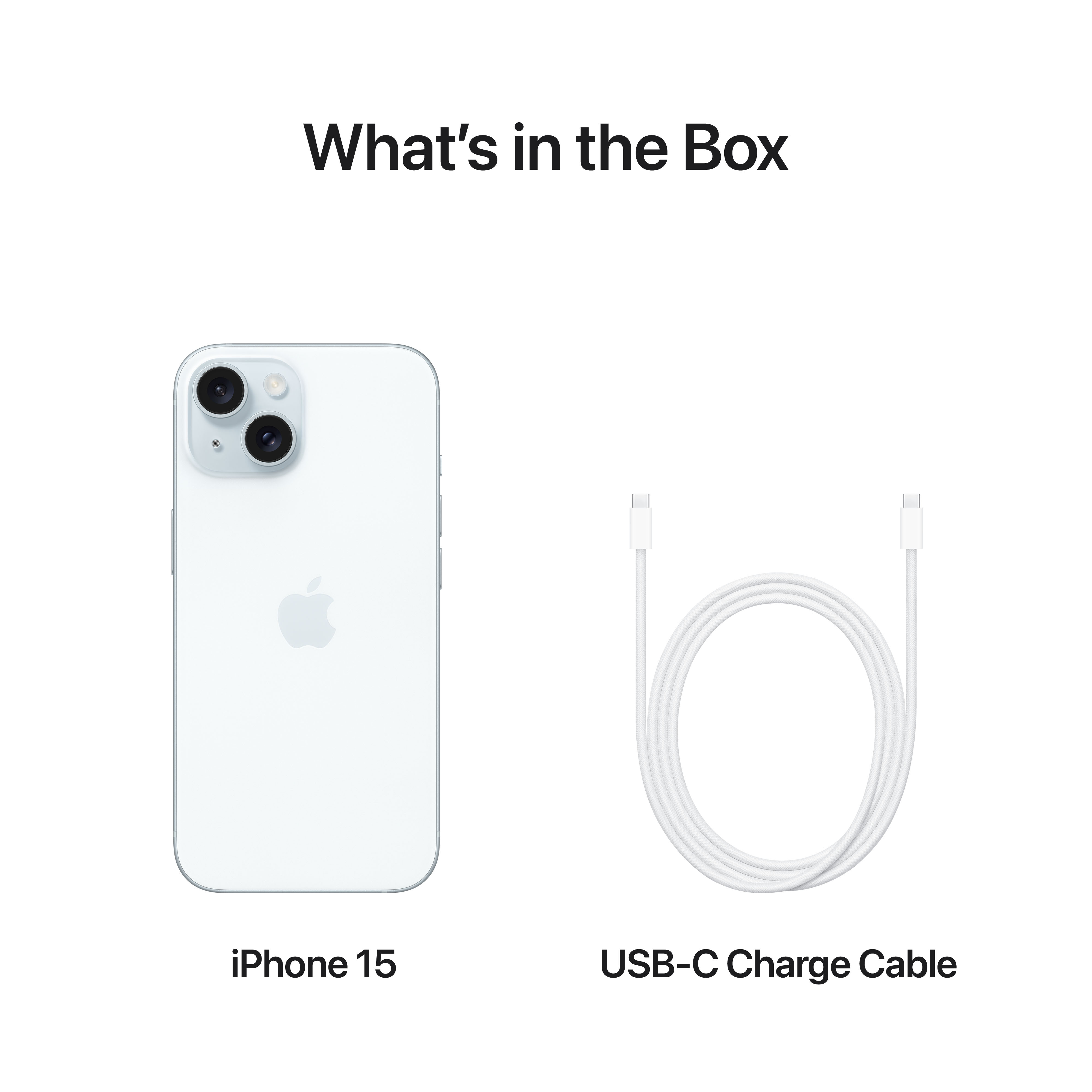 Ein weißes iPhone und ein weißes USB-C-Kabel. Der Text lautet: „Was ist in der Box?“