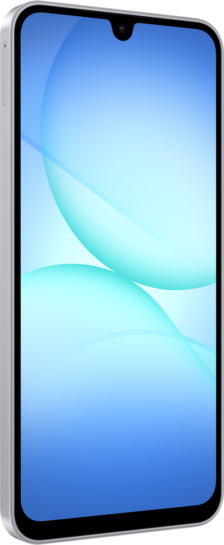 Ein silbernes Smartphone mit einem blau-türkisfarbenen Farbverlauf auf dem Bildschirm. Der Bildschirm hat zwei große Kreise und eine Frontkamera.