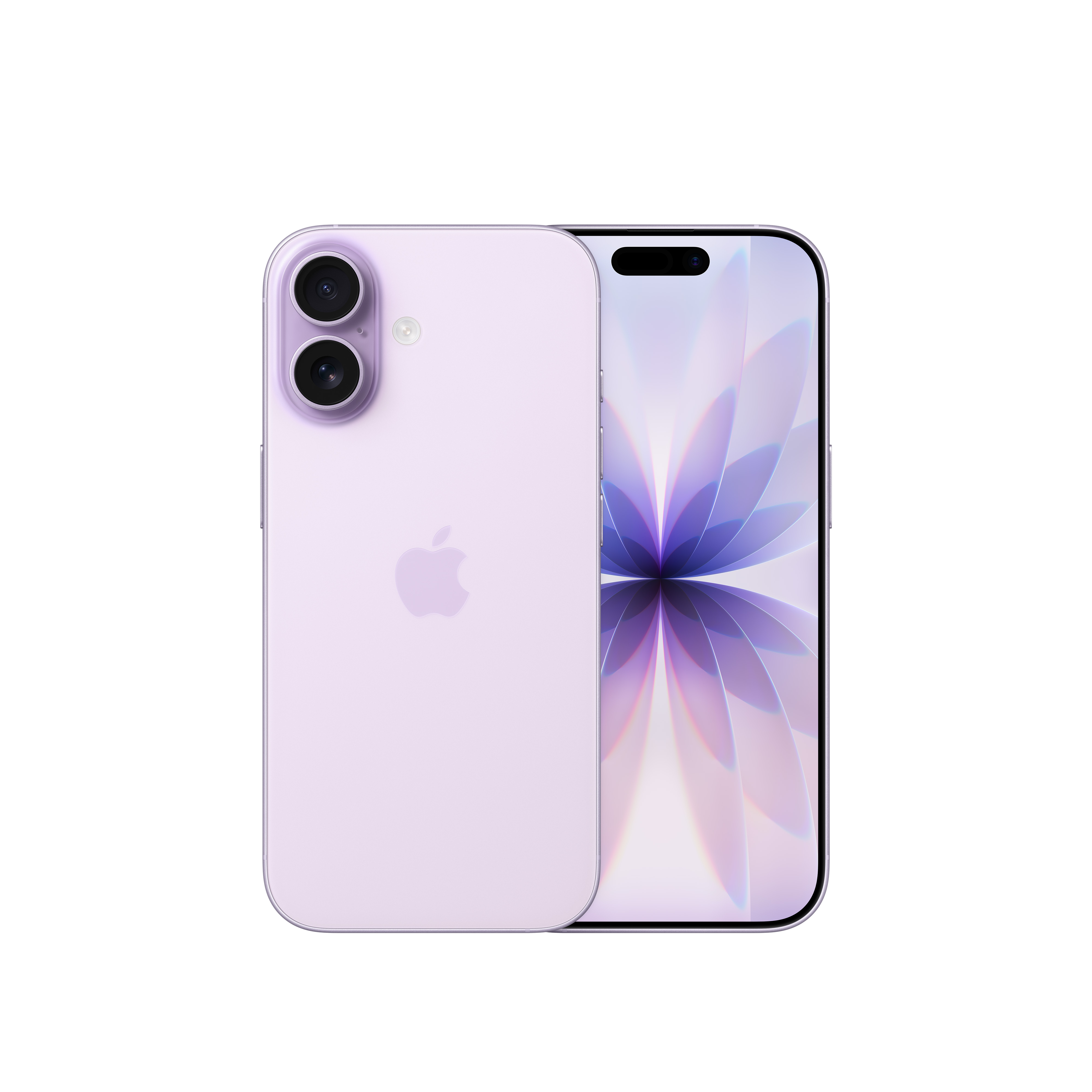 Zwei lavendelfarbene Smartphones, eines mit floraler Anzeige, das andere mit Apple-Logo und Kamera. Beide vor Weiß.