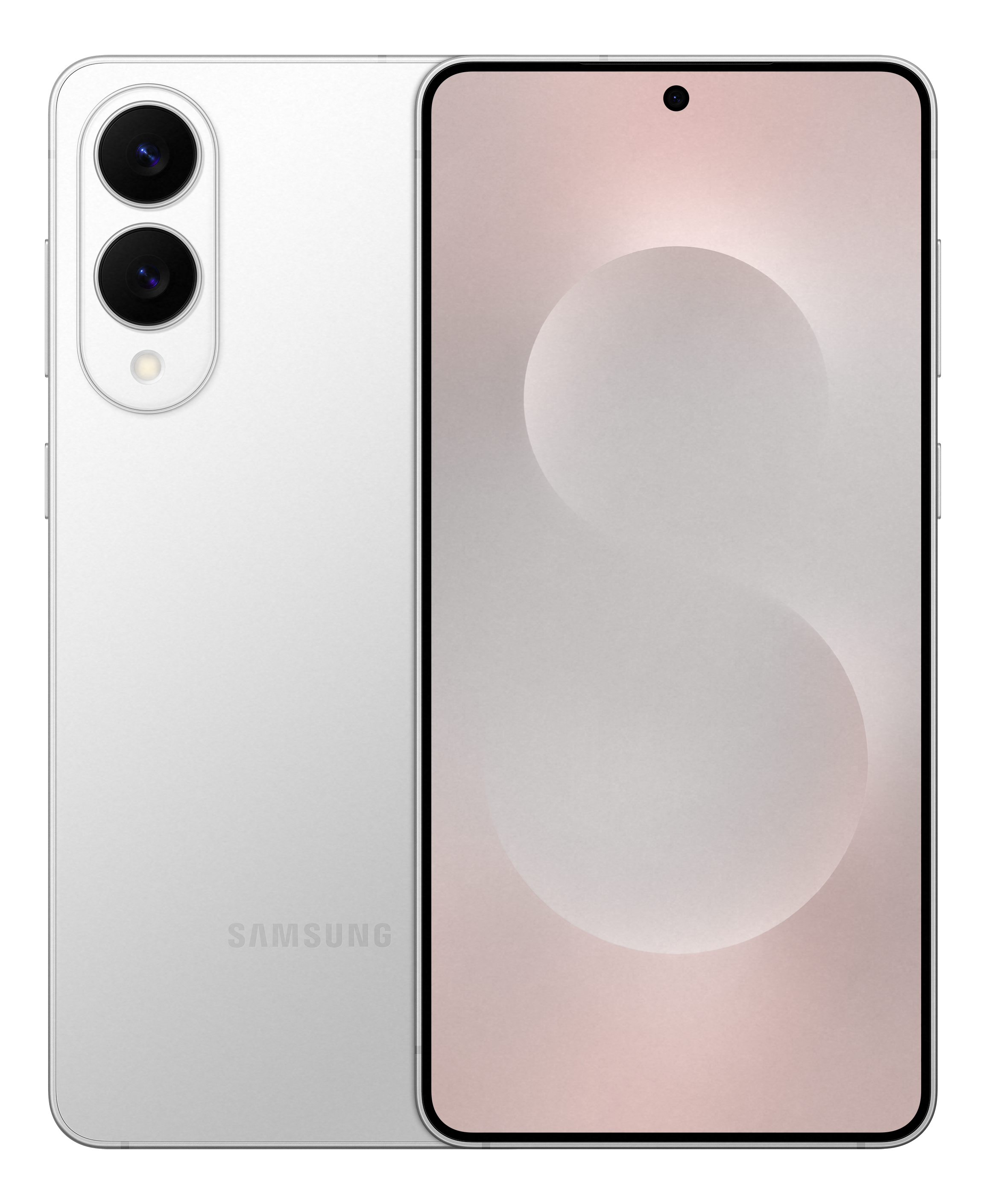 Weißes Samsung-Telefon, Vorder- und Rückansicht, Dual-Objektiv-Kamera und Bildschirm mit rosa-Tonigem Design.
