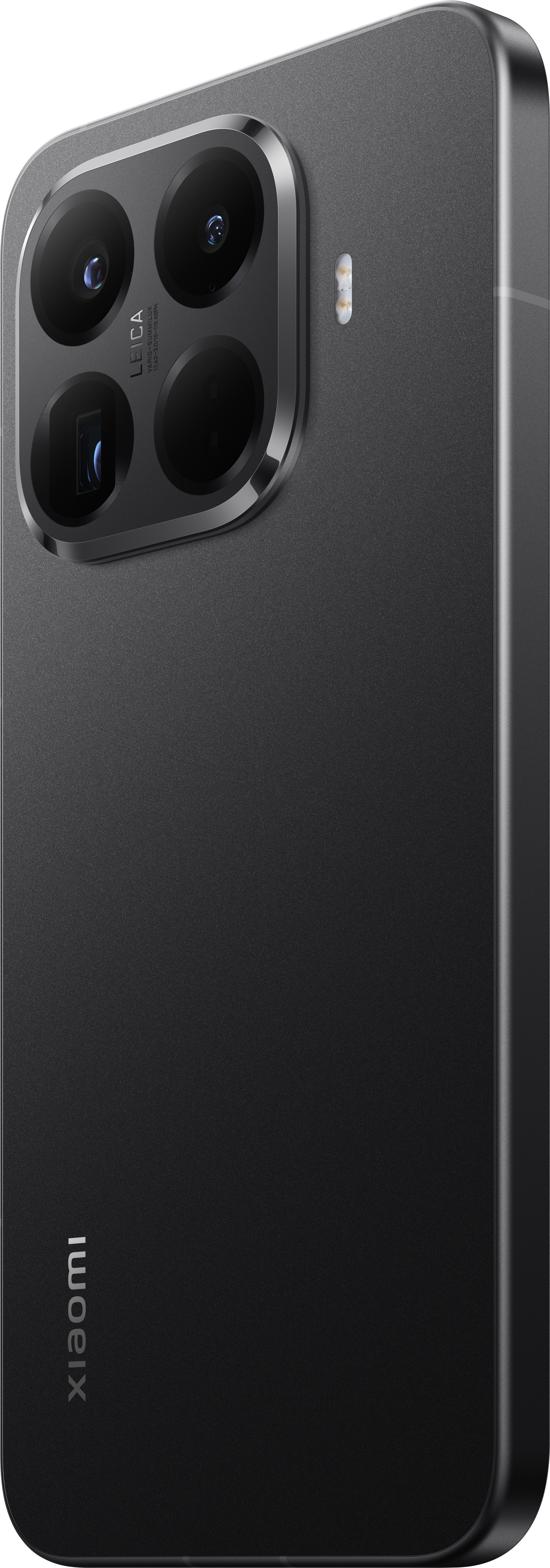 Schwarze Smartphone-Rückseite mit Kameramodul mit mehreren Objektiven und Leica-Logo. Xiaomi-Logo sichtbar.