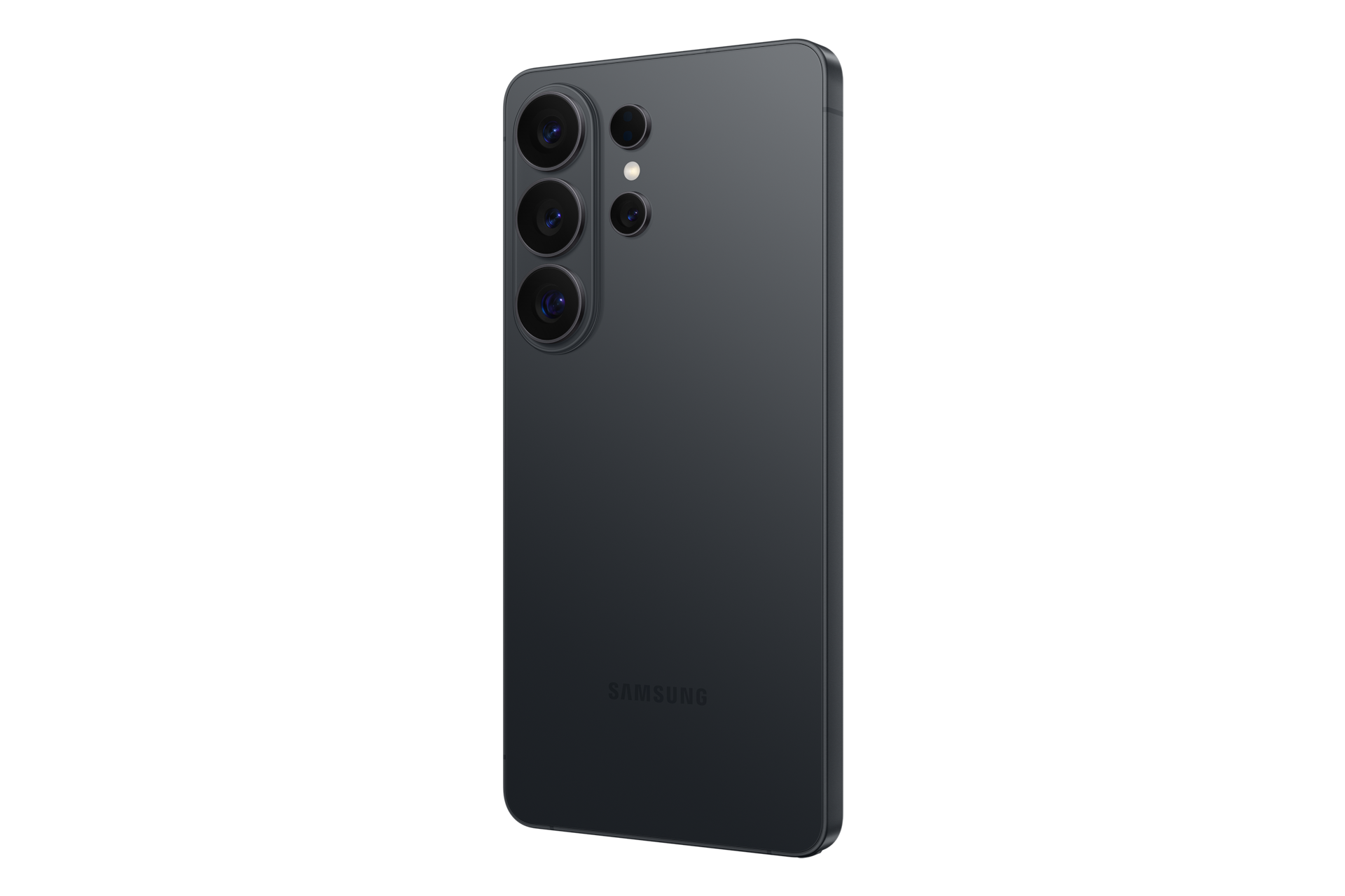 Dunkelgraues Smartphone, Rückseite mit vier Kameras und Samsung-Logo.