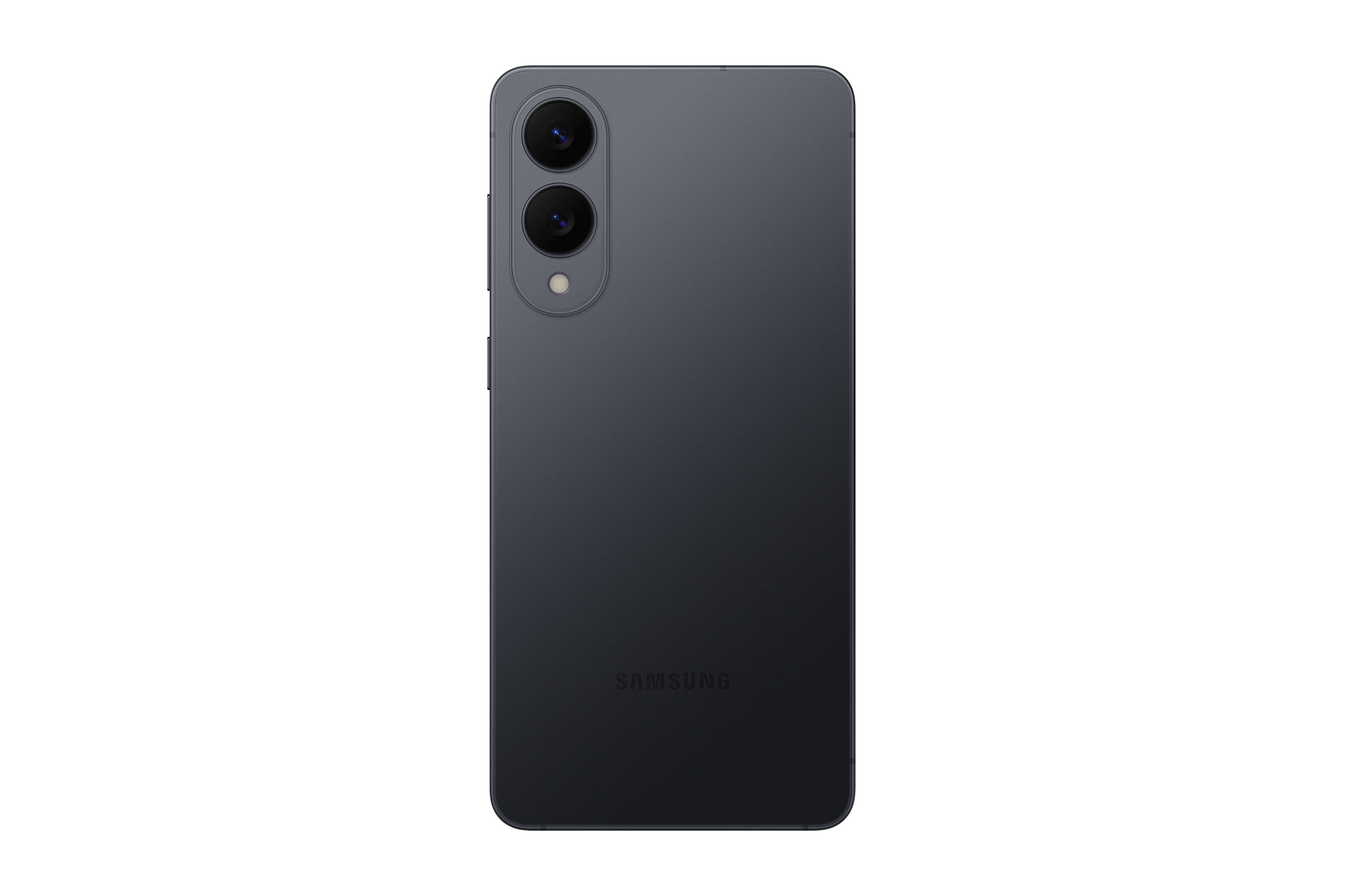 Die Rückseite eines dunkelgrauen Samsung-Telefons mit zwei vertikal angeordneten Kameralinsen.