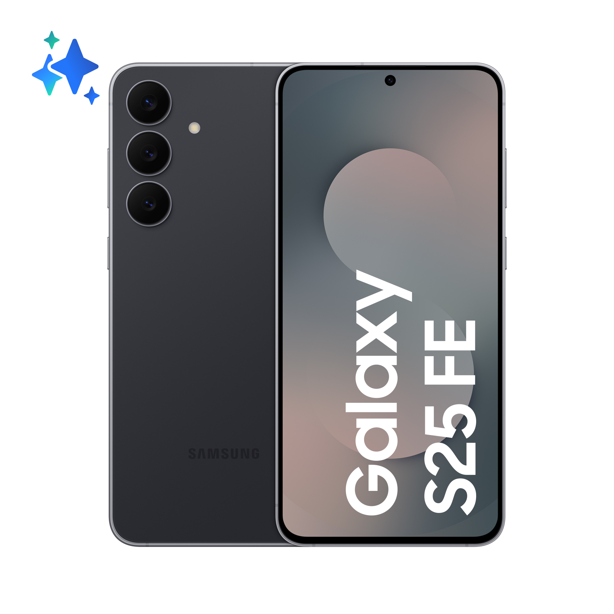 Dunkelgraues Smartphone mit drei Kameras und "Galaxy S25 FE"-Logo.