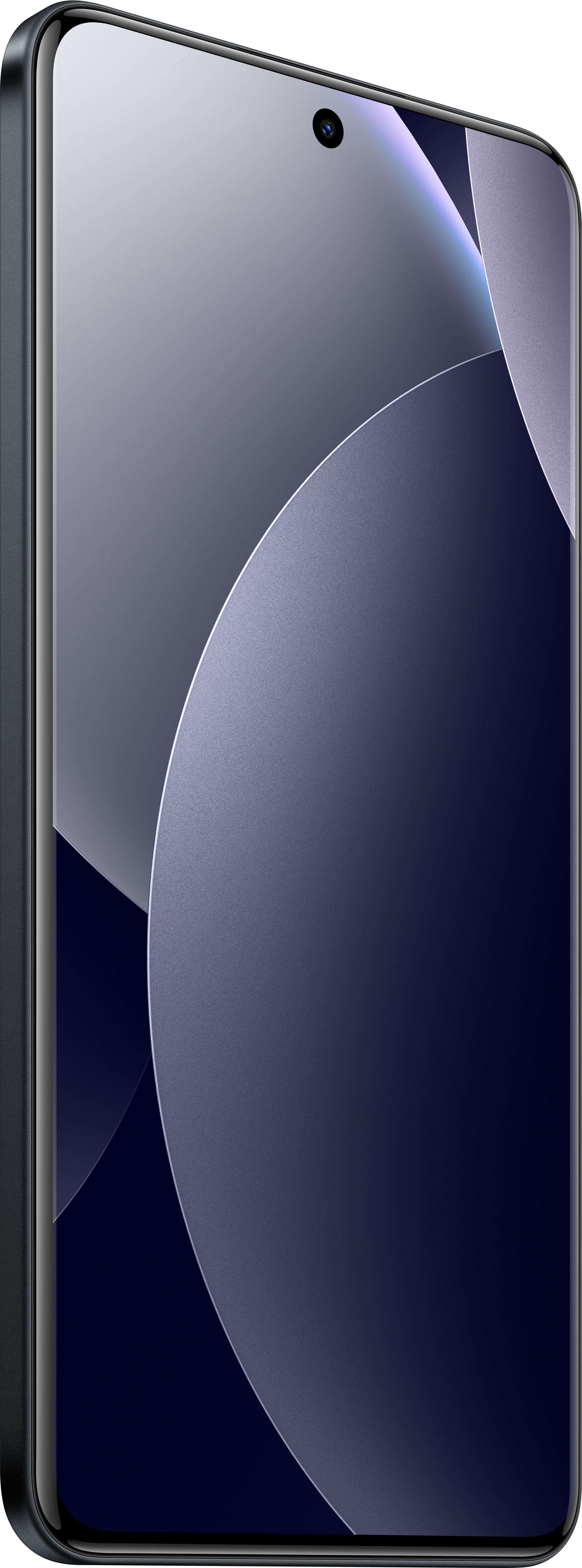 Ein Smartphone mit einem gebogenen Bildschirm. Der Bildschirm zeigt abstrakte Formen in Grau und Marineblau.