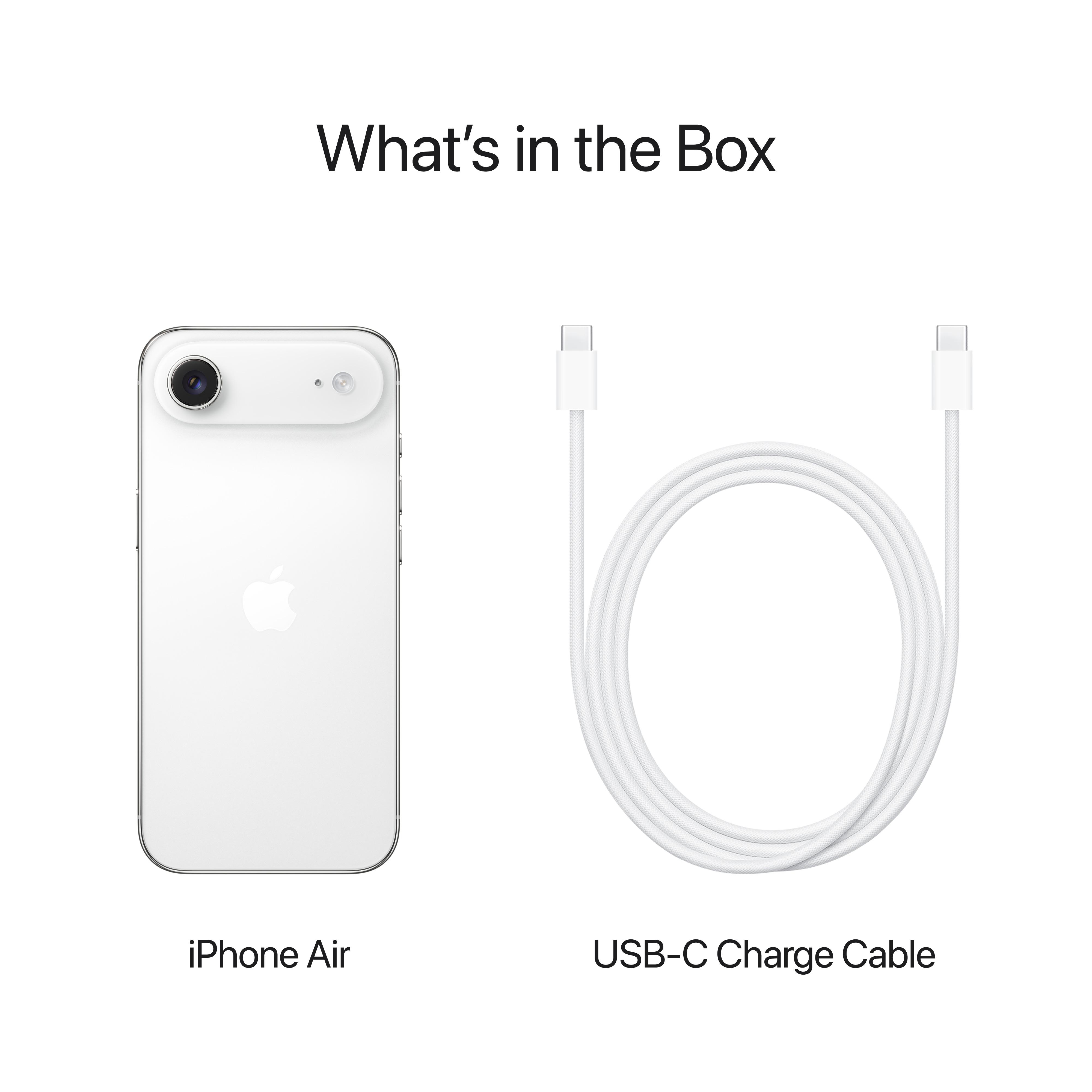 Weißes iPhone Air und USB-C-Ladekabel auf weißem Hintergrund. Text lautet 'Was ist in der Box'.