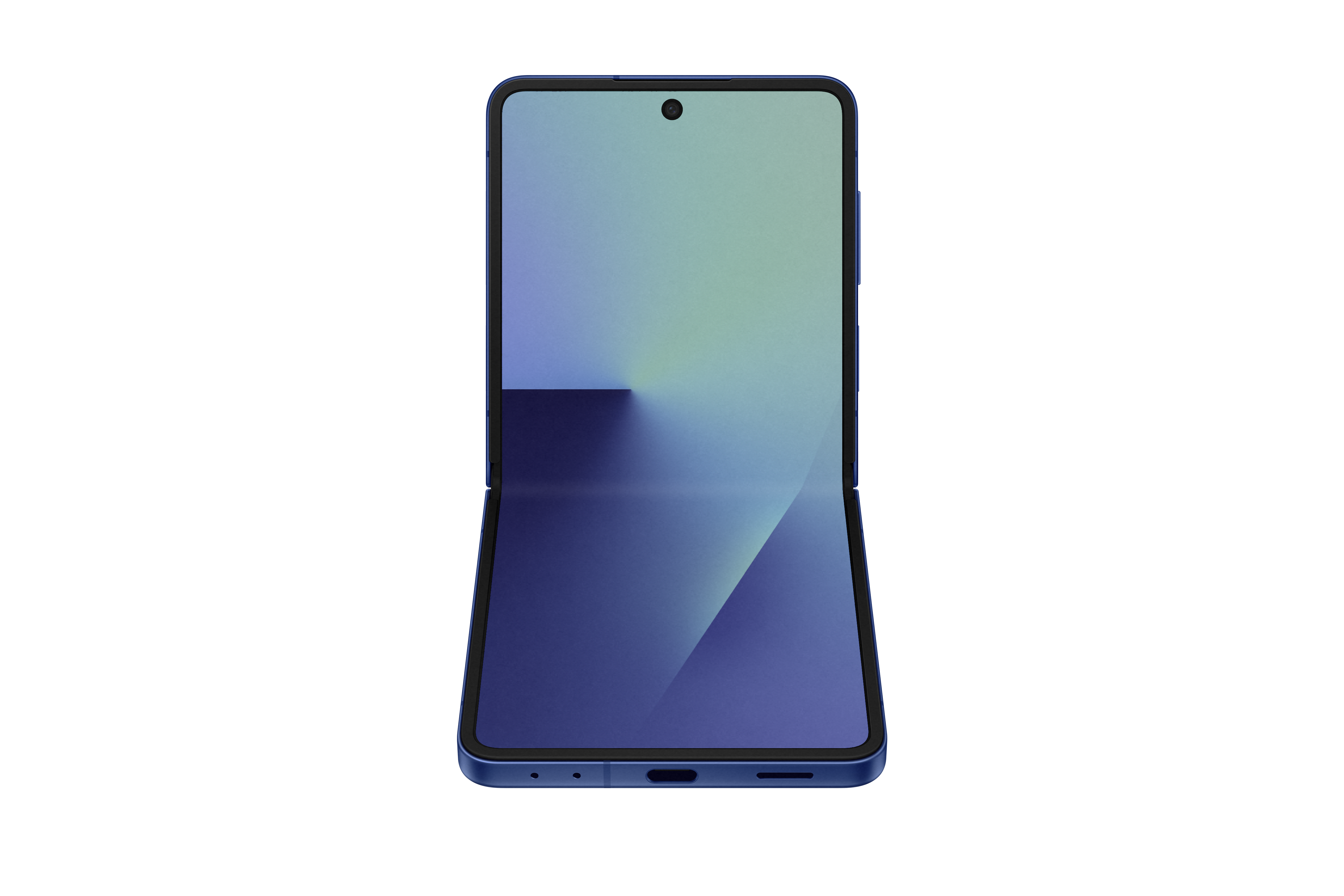Ein blaues, faltbares Smartphone ist geöffnet und zeigt ein Farbverlaufsdisplay von Blau nach Grün. Der Hintergrund ist weiß.