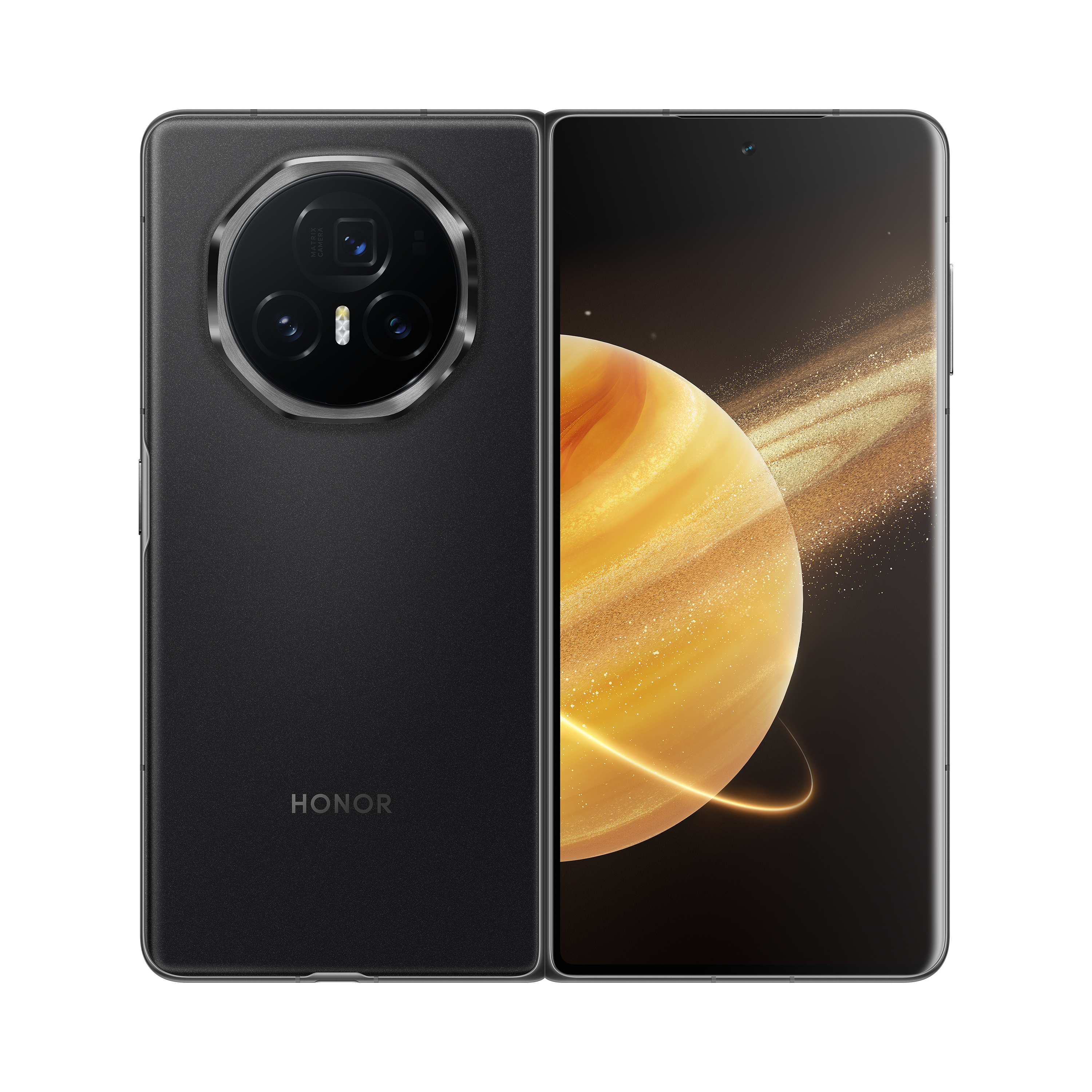 Faltbares Telefon, geschlossen und geöffnet. Schwarze Farbe, Kameramodul. Zeigt einen Planeten.