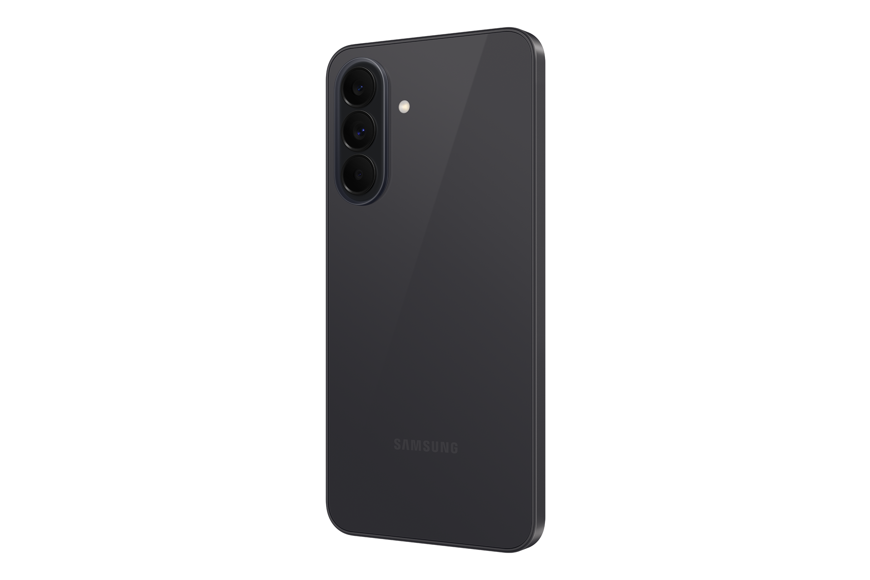 Rückseite eines dunklen Samsung-Smartphones mit drei Kameralinsen und Blitz.