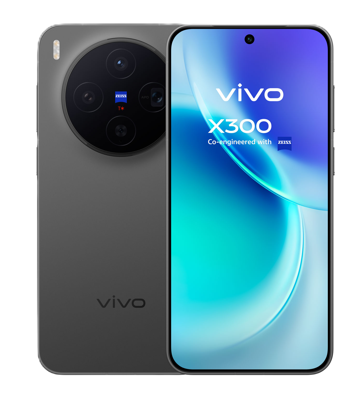 Das Vivo X300-Handy wird angezeigt. Es hat ein großes Kameramodul, einen gebogenen Bildschirm und die Logos Vivo und Zeiss sind sichtbar.
