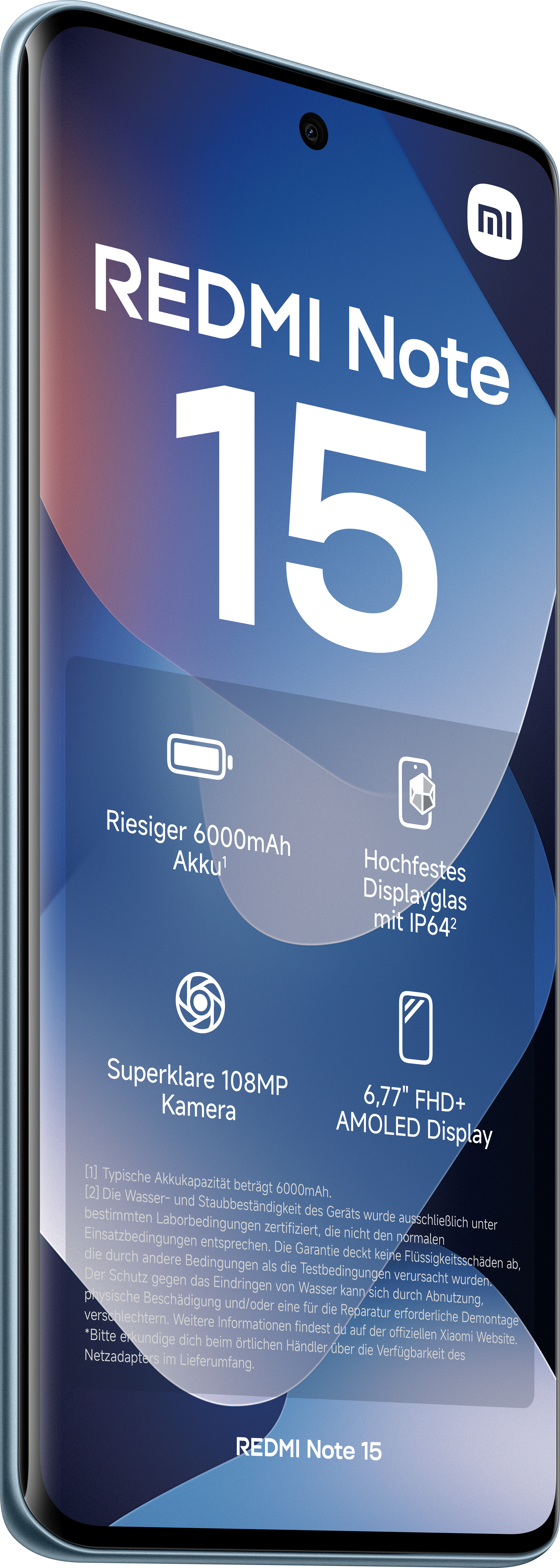 Ein Telefonbildschirm mit Redmi Note 15-Funktionen: großer Akku, langlebiges Display, 108MP-Kamera und AMOLED-Display.