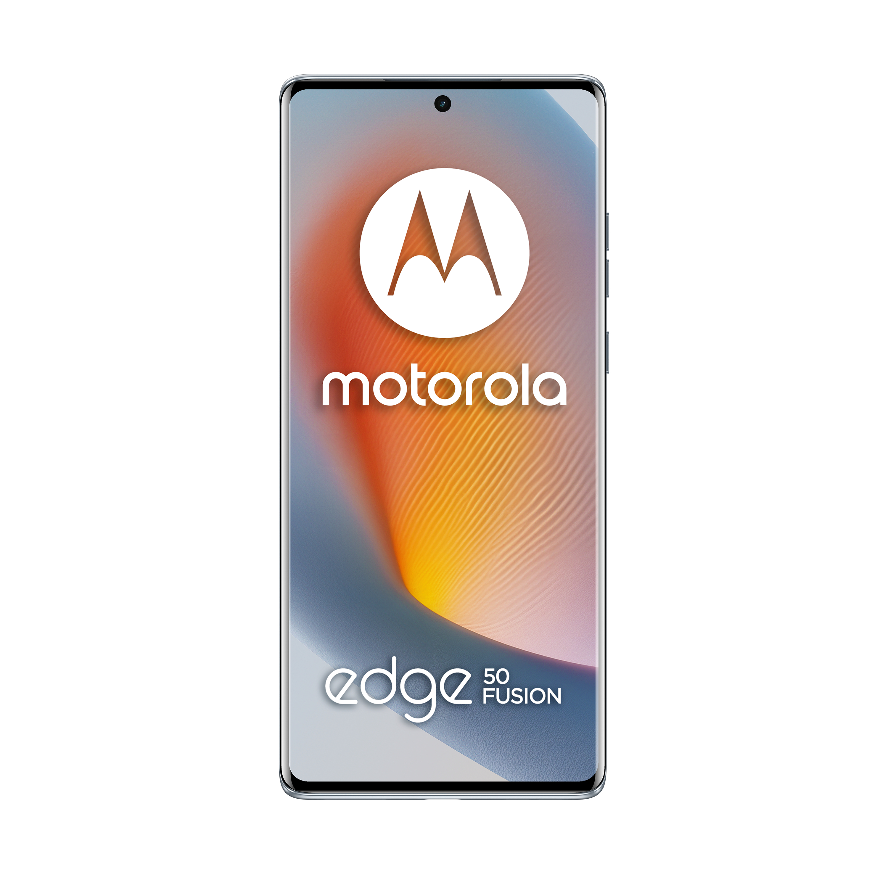 Motorola-Smartphone. Silberner Rahmen, Bildschirm zeigt Logo und Farbverlaufshintergrund.