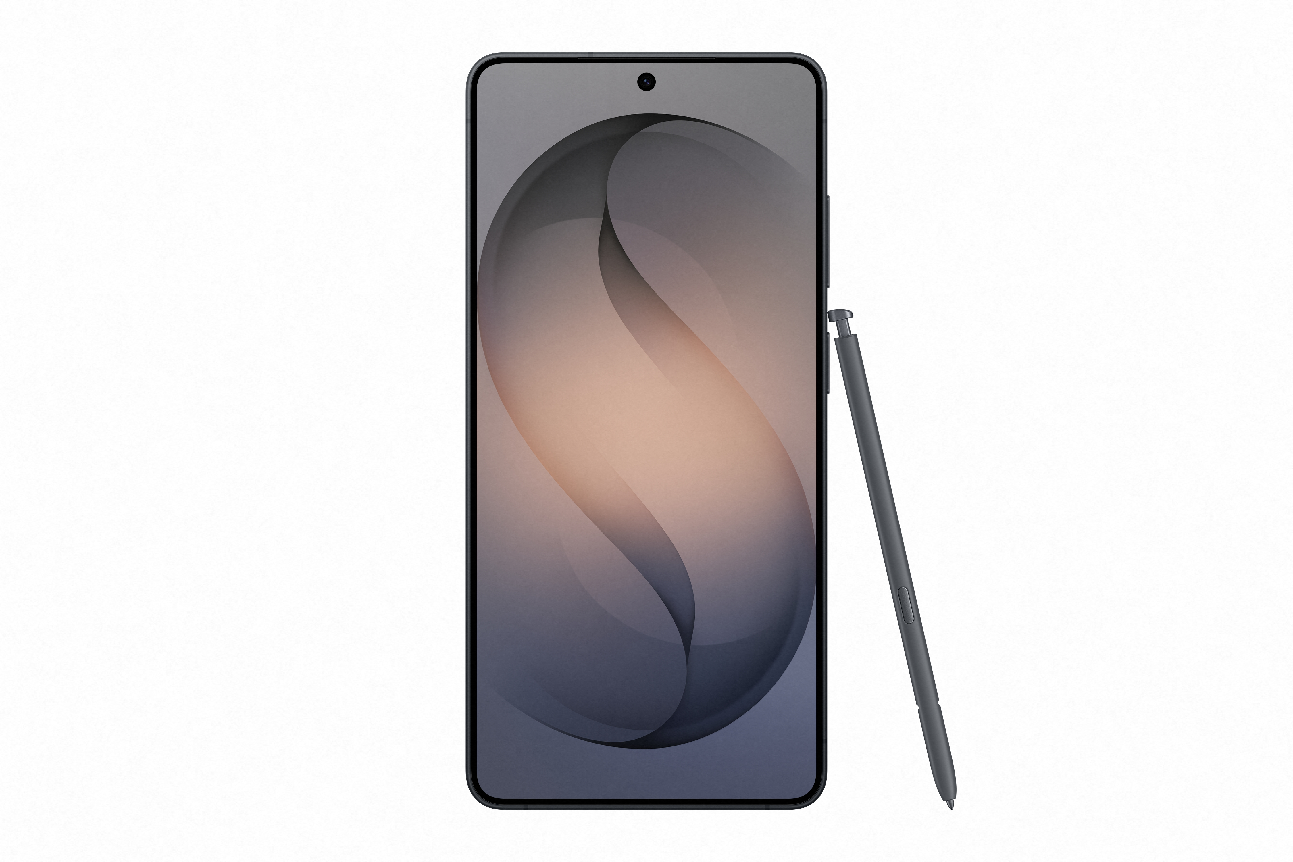 Ein dunkles Smartphone mit einem Stylus daneben auf weißem Hintergrund.
