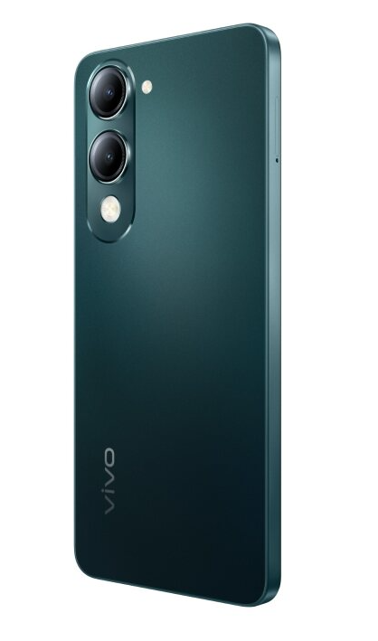 Rückansicht eines grünen Smartphones, Dreifachkamera und Blitz, Vivo-Logo. Isoliert auf weißem Hintergrund.