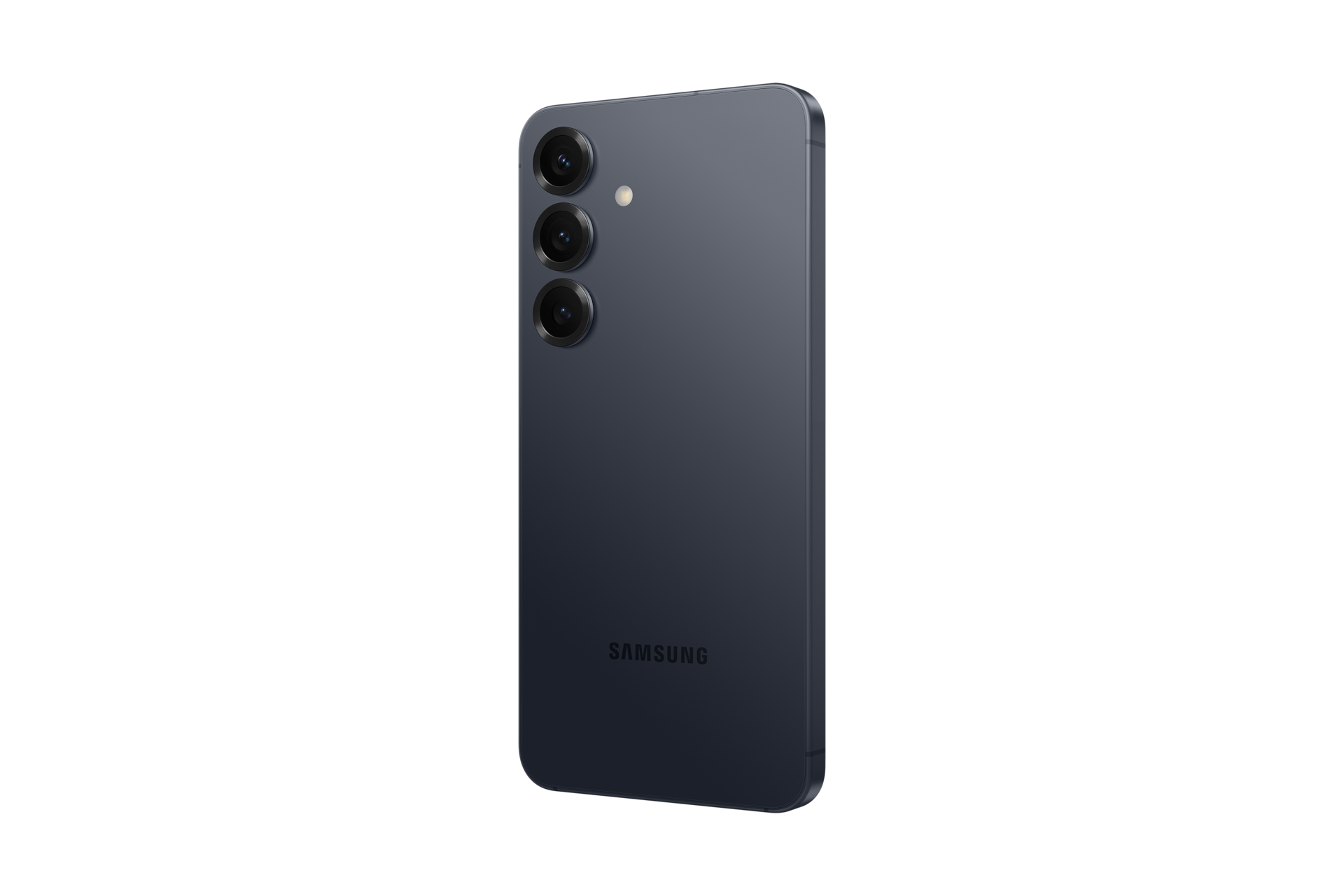 Rückseite eines dunklen Samsung-Smartphones mit drei Kameralinsen und Blitz.