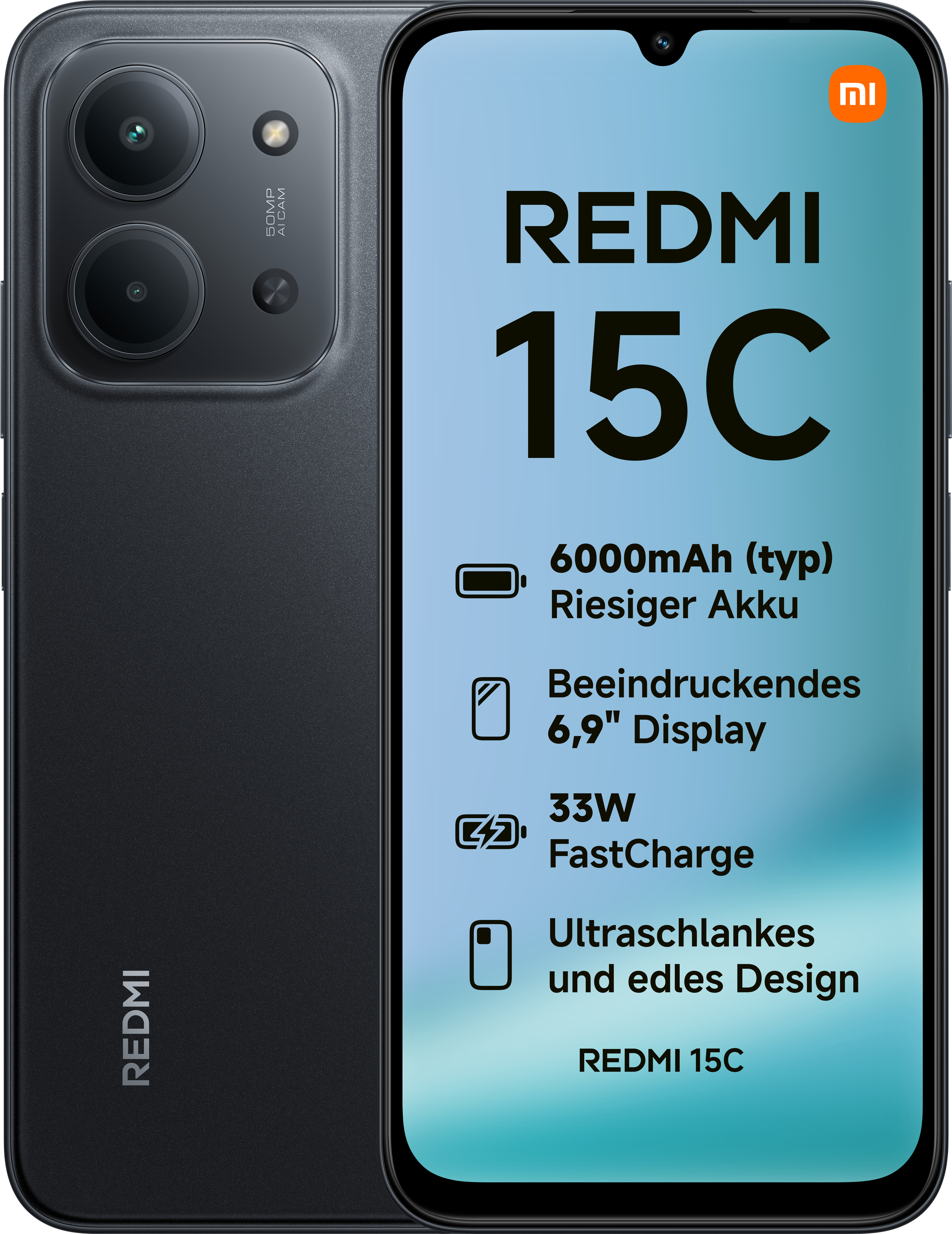 Schwarzes Redmi 15C-Handy. Der Bildschirm zeigt die Funktionen des Telefons. Enthält eine Kamera und das Redmi-Logo.