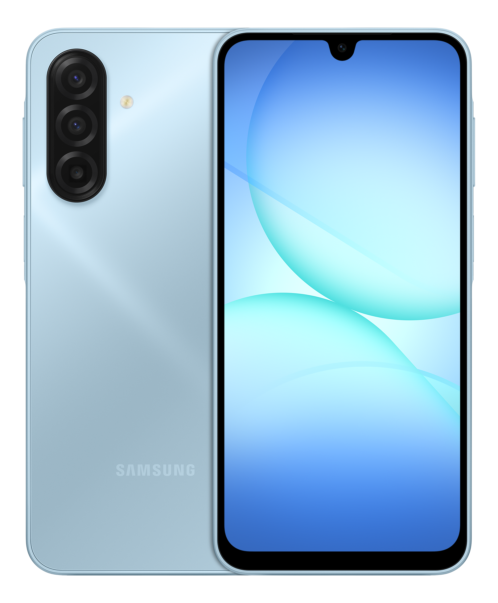 Ein hellblaues Samsung-Smartphone. Der Bildschirm zeigt einen blau-weißen Farbverlauf. Die Rückseite hat Kameras und den Markennamen.