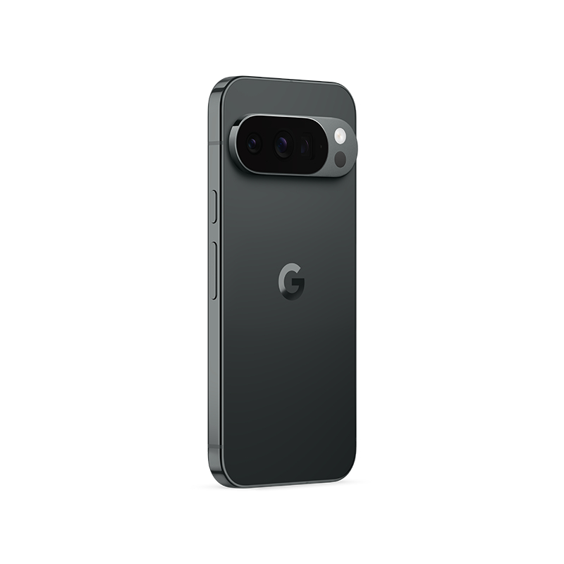 Ein dunkelgraues Smartphone mit einer Kameraleiste und einem Google-Logo. Das Telefon ist abgewinkelt und zeigt die Kameraanordnung.