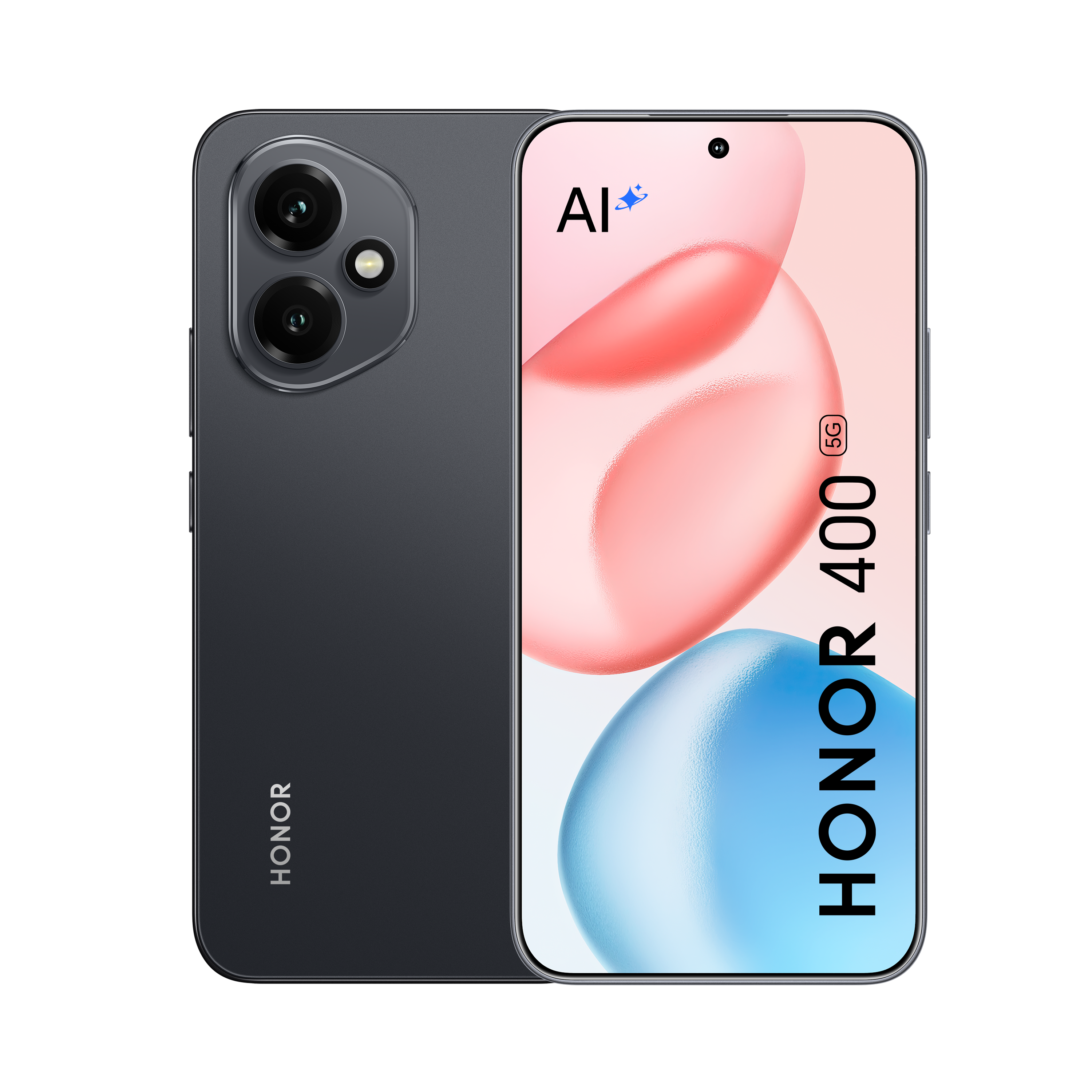 Ein Smartphone mit dunkelgrauer Rückseite und einem Bildschirm, der ein rosa-blaues Design und 'HONOR 400 5G' zeigt.